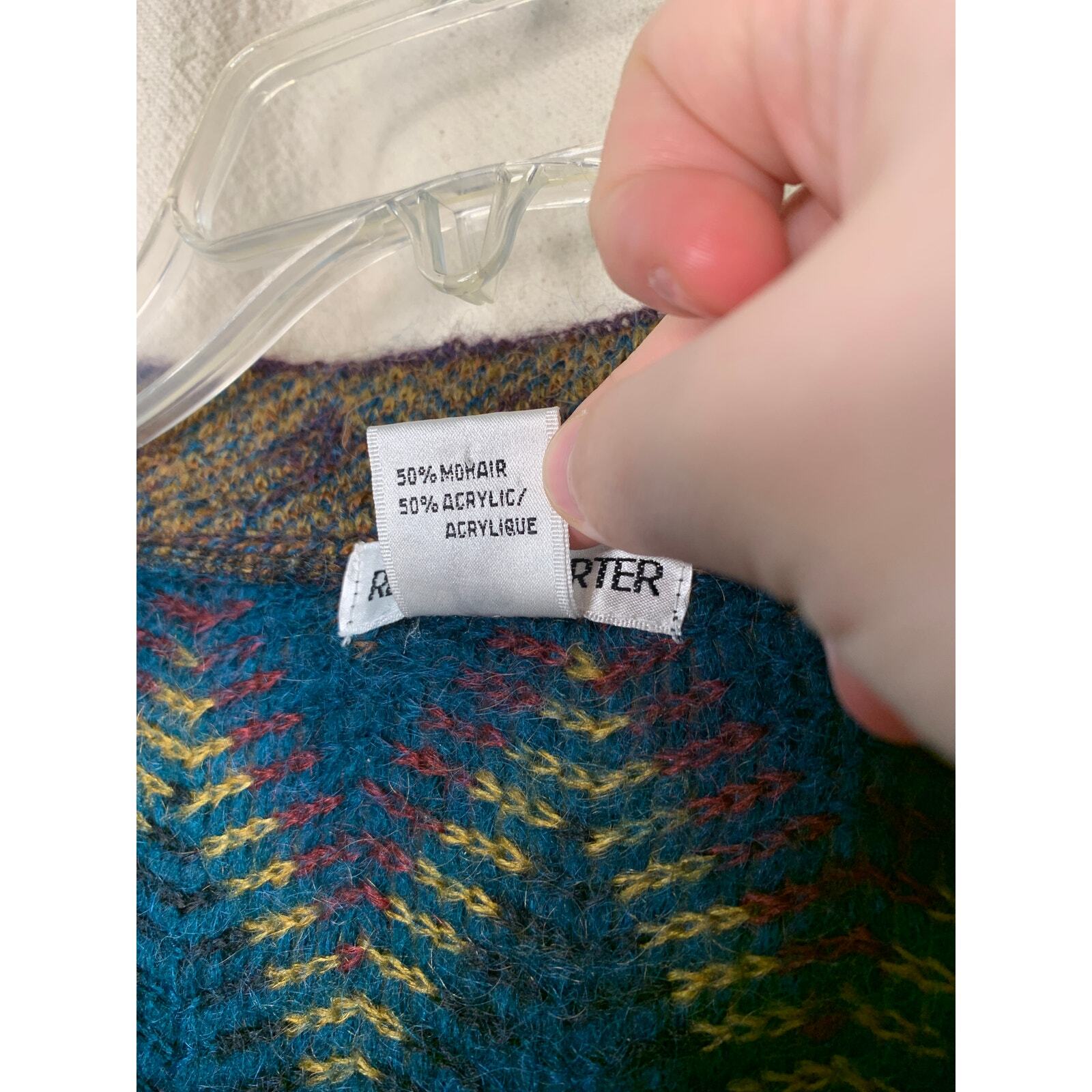 1980s Regina Porter Mohair Acrylic Boxy Chevron Fuzzy Rainbow Granny Cardigan M
