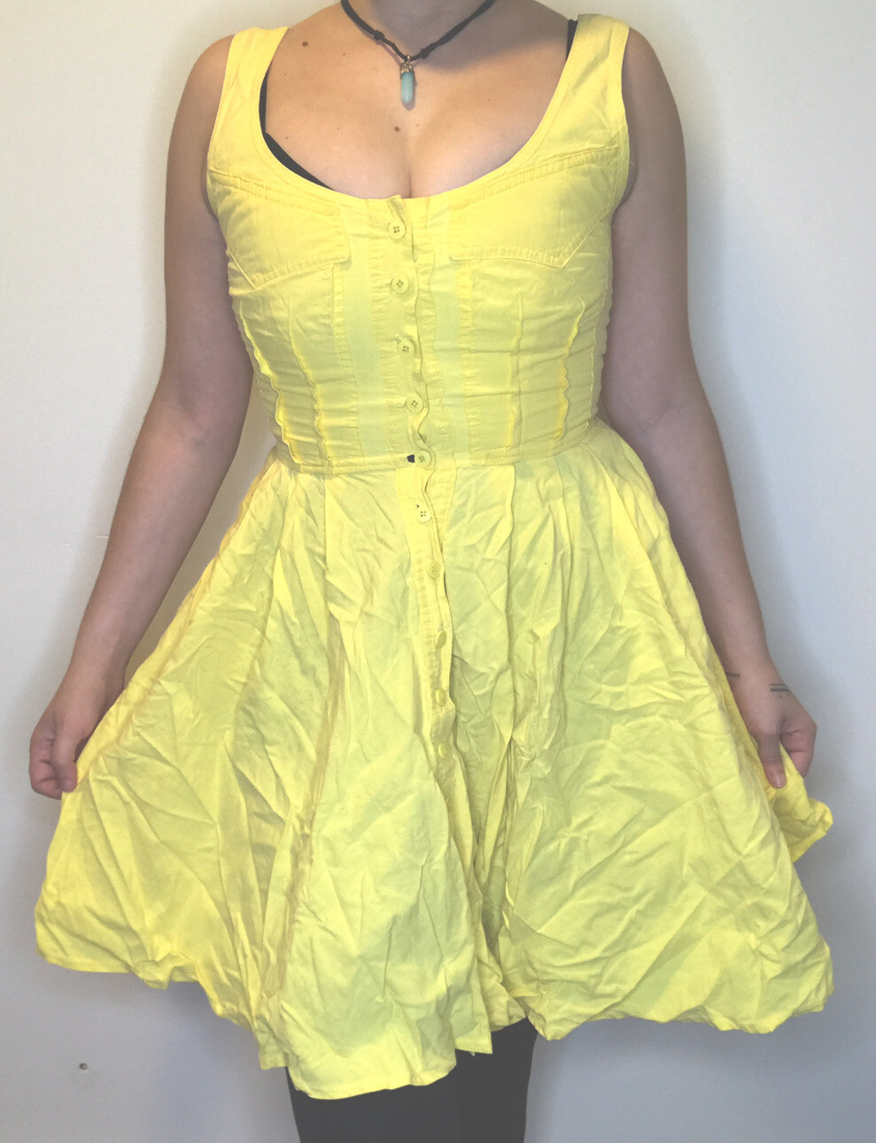 Vintage 60s Foxy Lady S 100% Cotton Lace Up Button Boho Mod Yellow A-Line Dress
