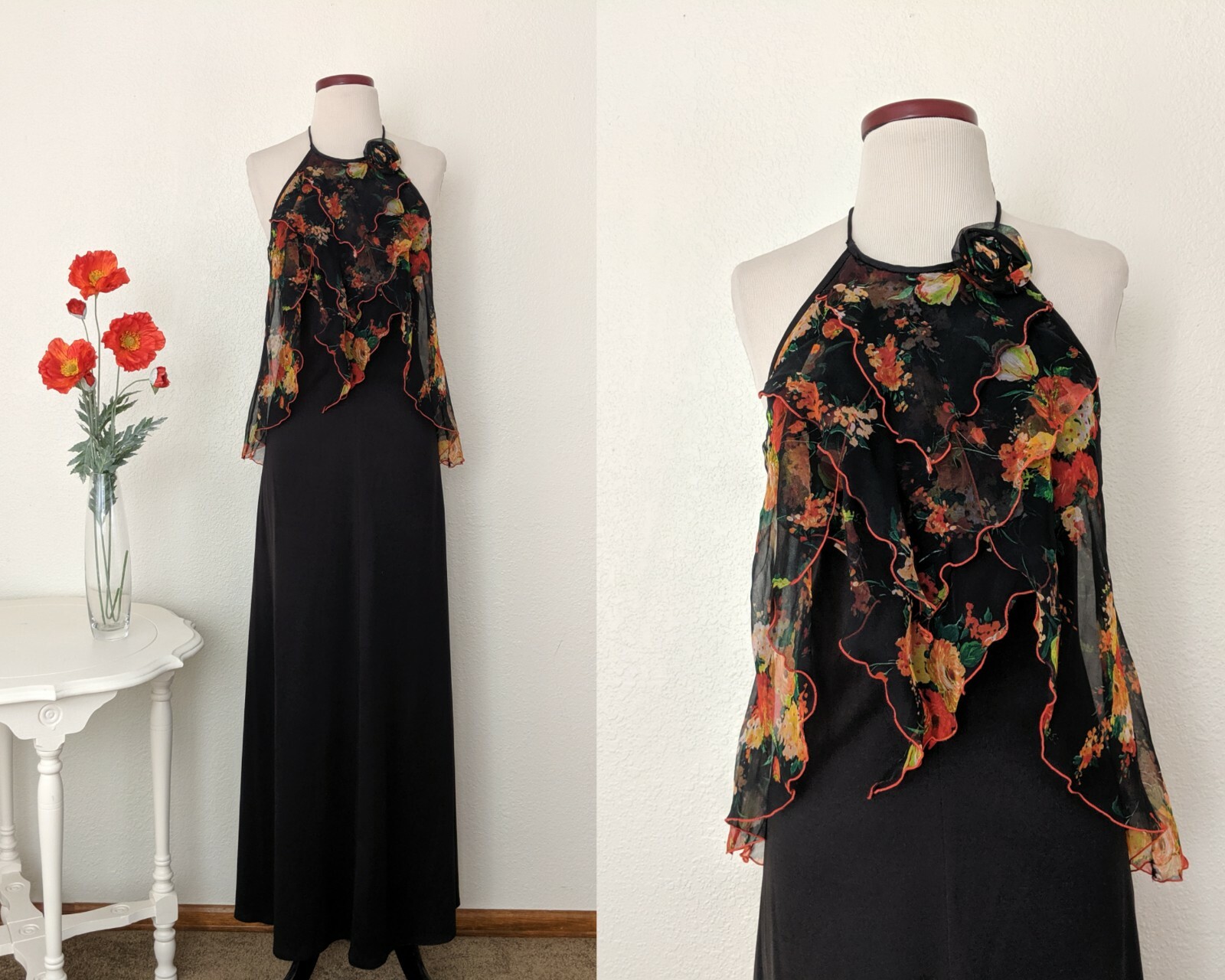 Vintage 70s Black Floral Maxi Dress, 1970s Boho Halter Top Long Jersey Dress