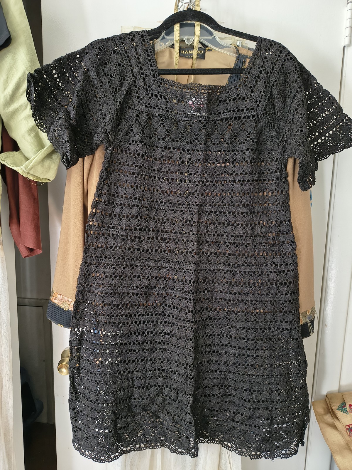 VINTAGE HAND CROCHET MEXICAN DRESS LILA BATH BLACK WEDDING STYLE M