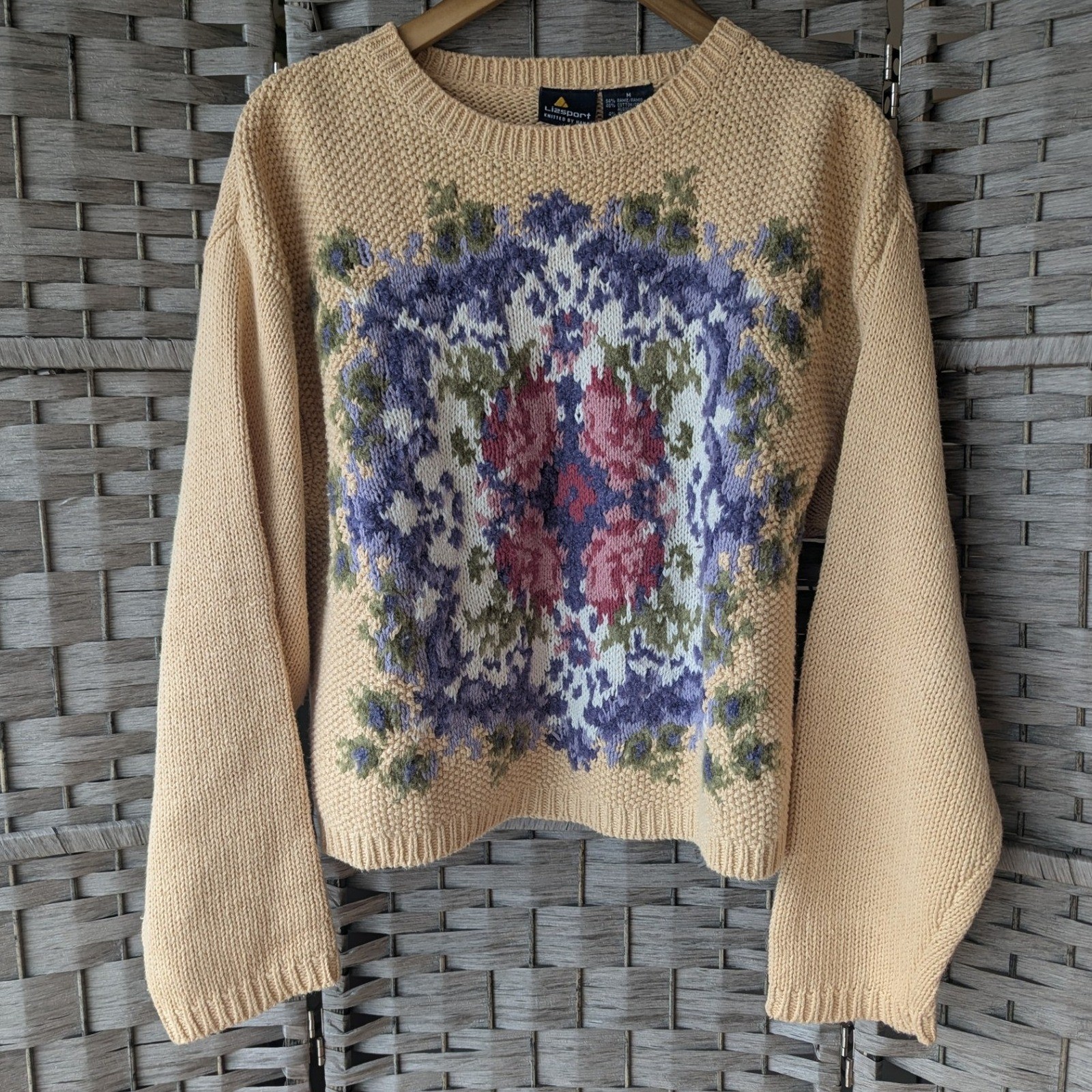 Vtg 90s Lizsport Hand Knitted Floral Sweater Butter Yellow Sz M Cottagecore