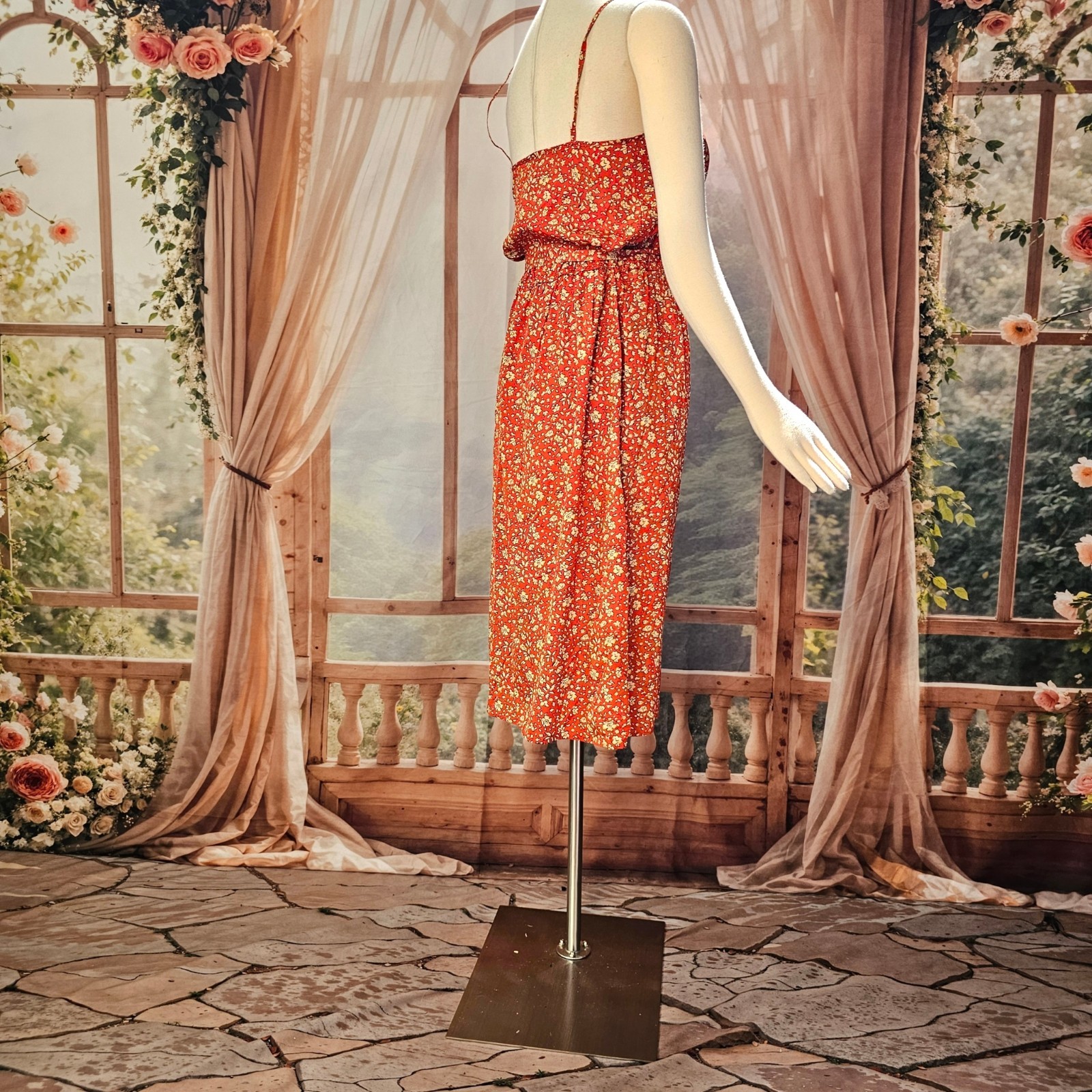 Vintage 1970s Dress Sundress Spaghetti Straps Tie Belt Red Cream Floral Boho