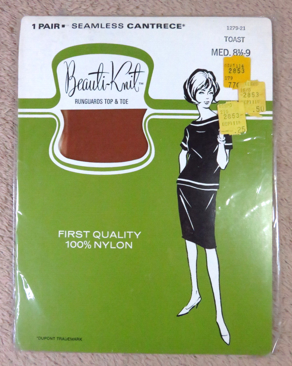 1 Pair – Vtg Beauti-Knit Seamless Cantrece Nylon Stockings TOAST / Sz 8 1/2 – 9