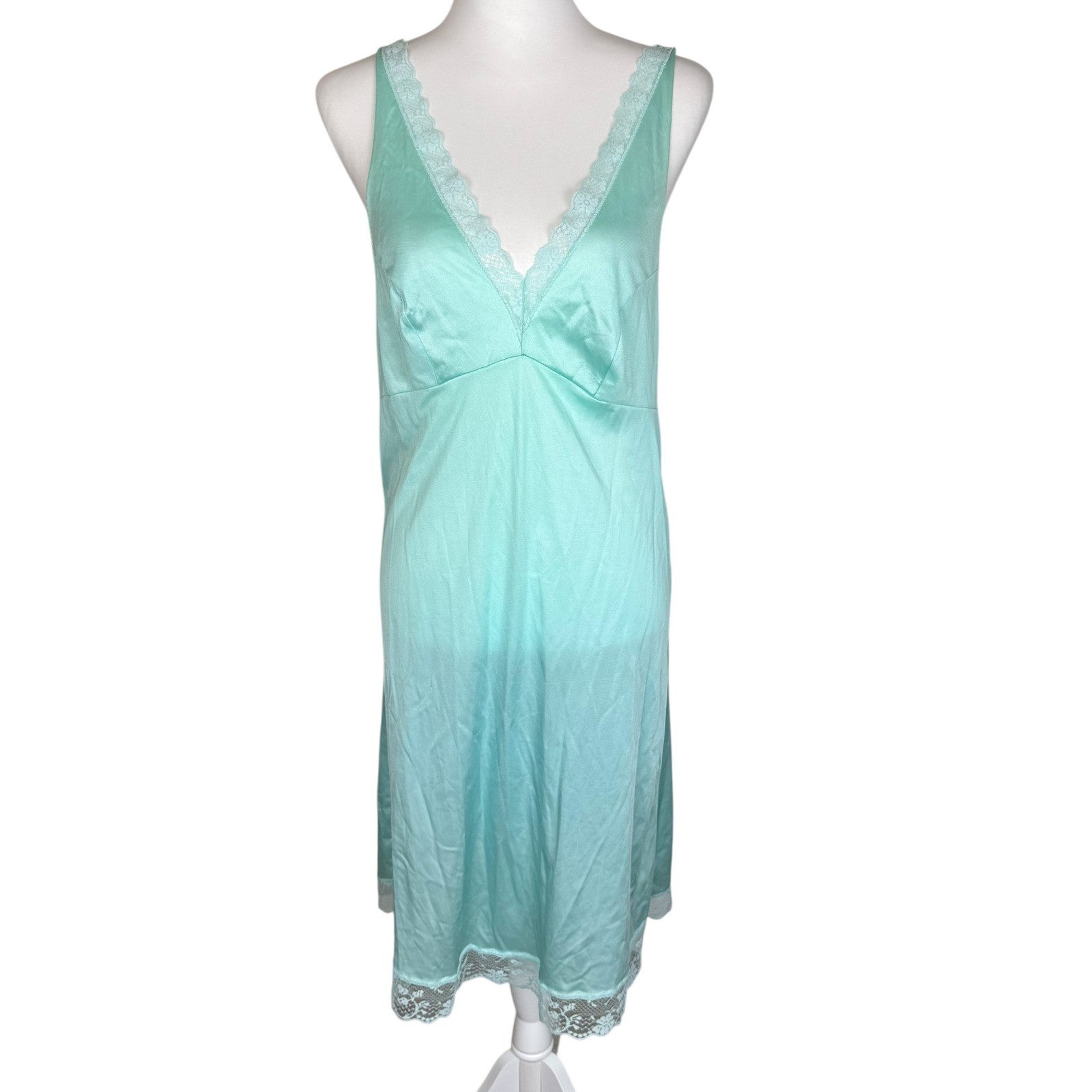 Vintage Aqua Mint Green Lace Trim Full Slip Dress V-Neck Nightgown 34 Bust M