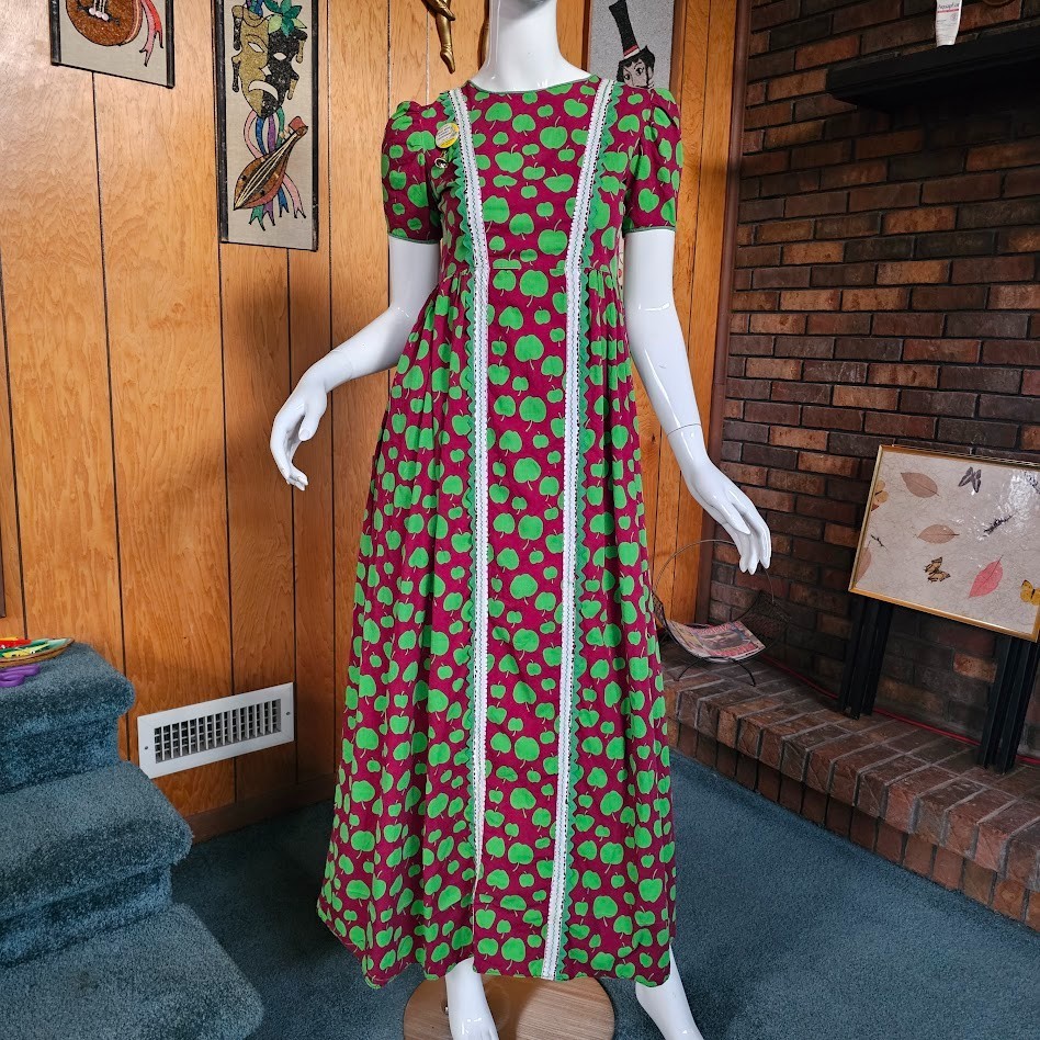 Vtg 70s Miss Centennial Belle Kansas Parade Novelty Apple Print Maxi Dress XS/S