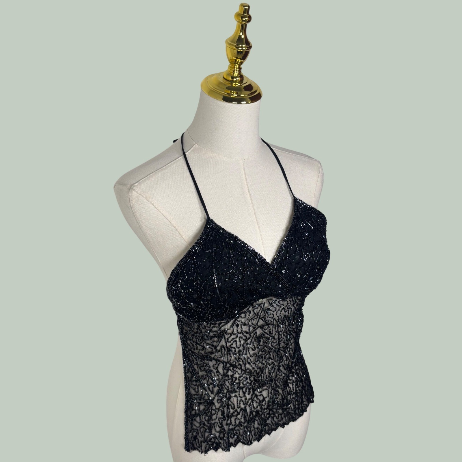 vintage late 90s passport Y2K black beaded sequin mesh top strap coquette goth
