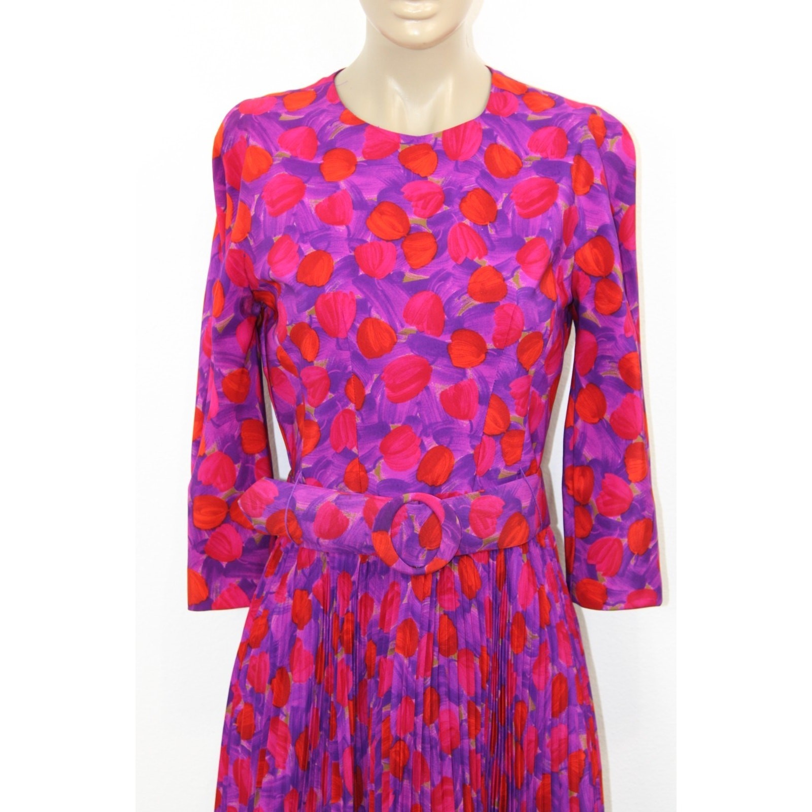 Vintage 80s Arnold Scaasi Floral Pleated Belted Silk Lined Dress Size 6