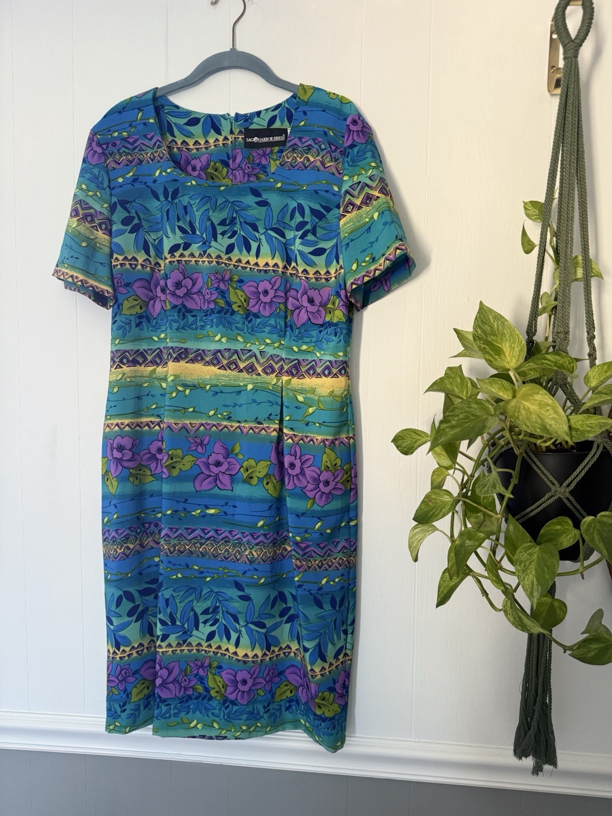 Vtg Sag Harbor Tropical Hawaiian Hibiscus Beach Tribal Neon Pencil Dress Cruise