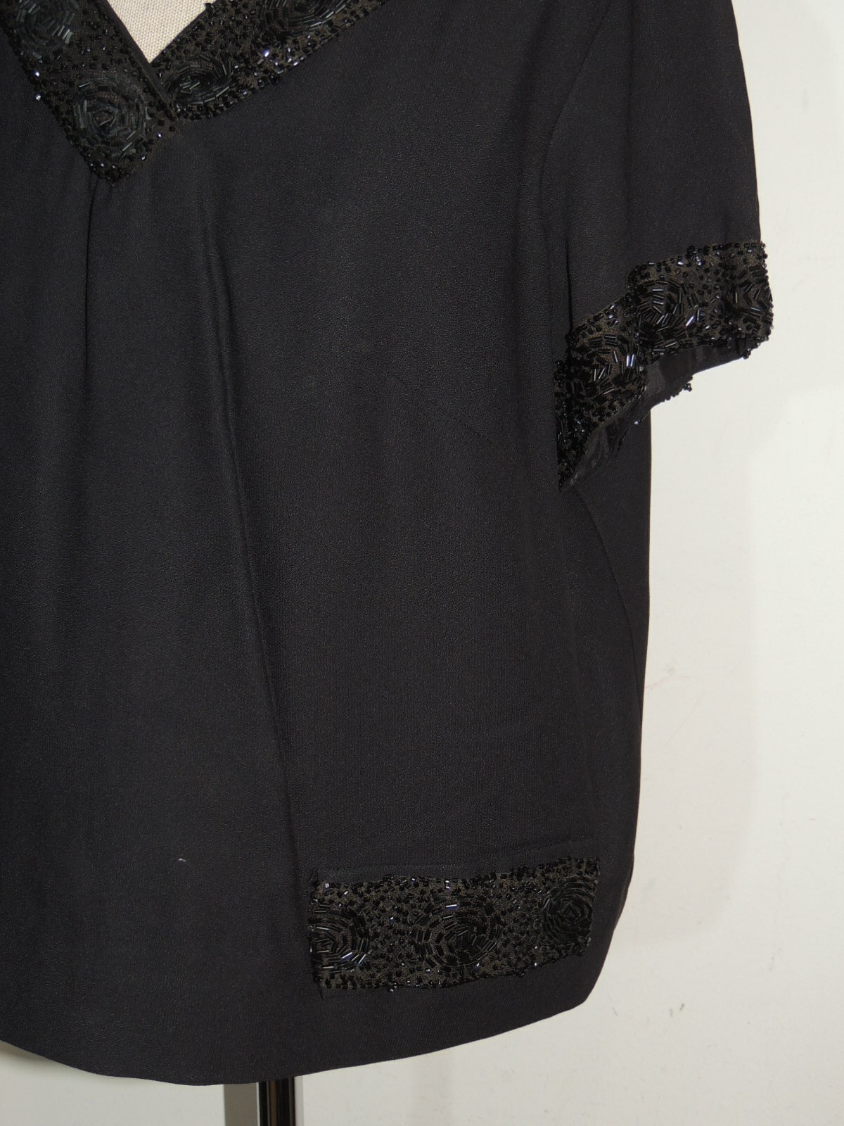 1960’s Black Crepe Blouse / Top w Beading MED – LG