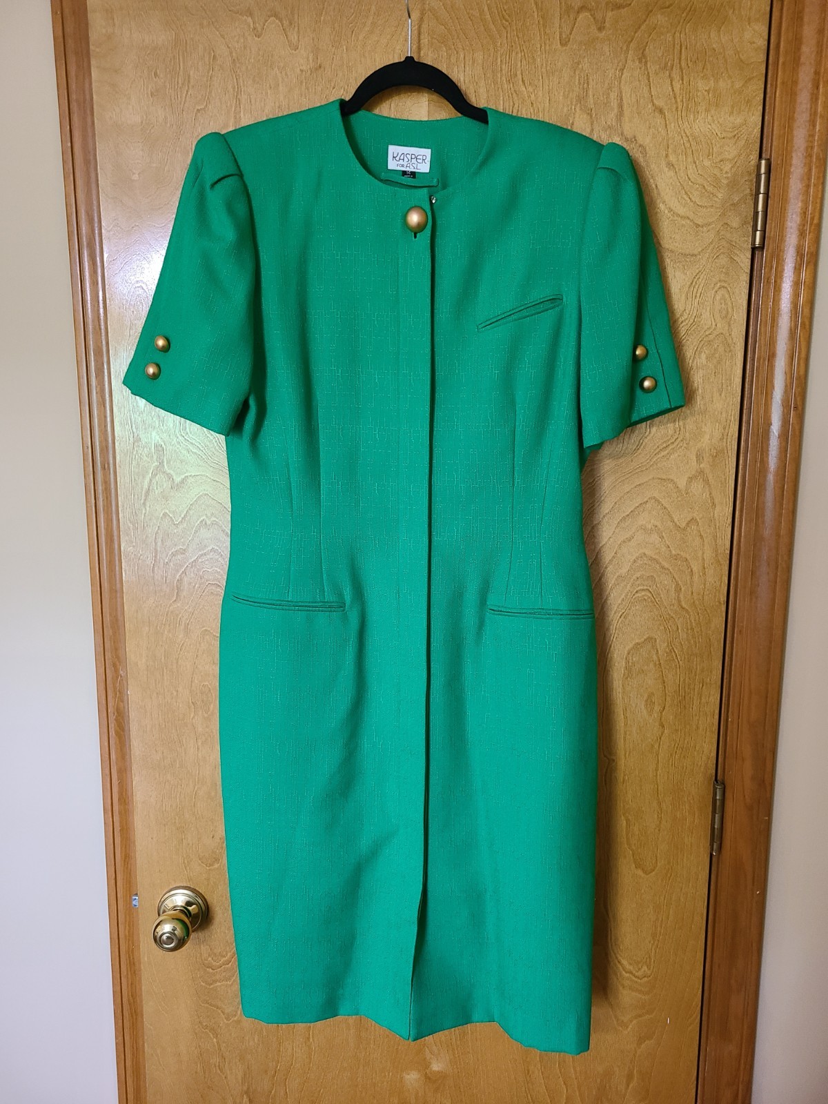 Vintage Kasper ASL Dress Kelly Green Button Up Size 14 Large Retro 80s