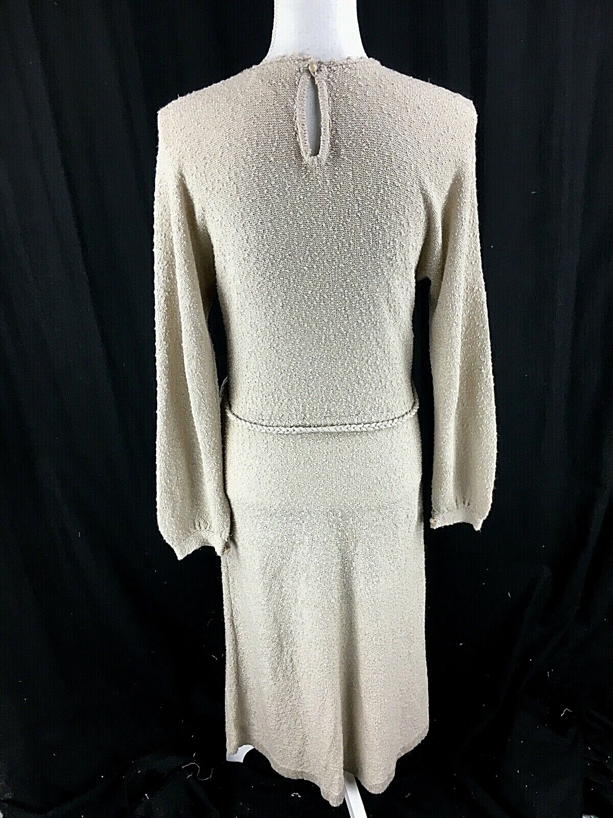 VTG 70s Just Mort Nubby Sweater Dress Sz S Faux Pearl Long Sleeve Belted Boho