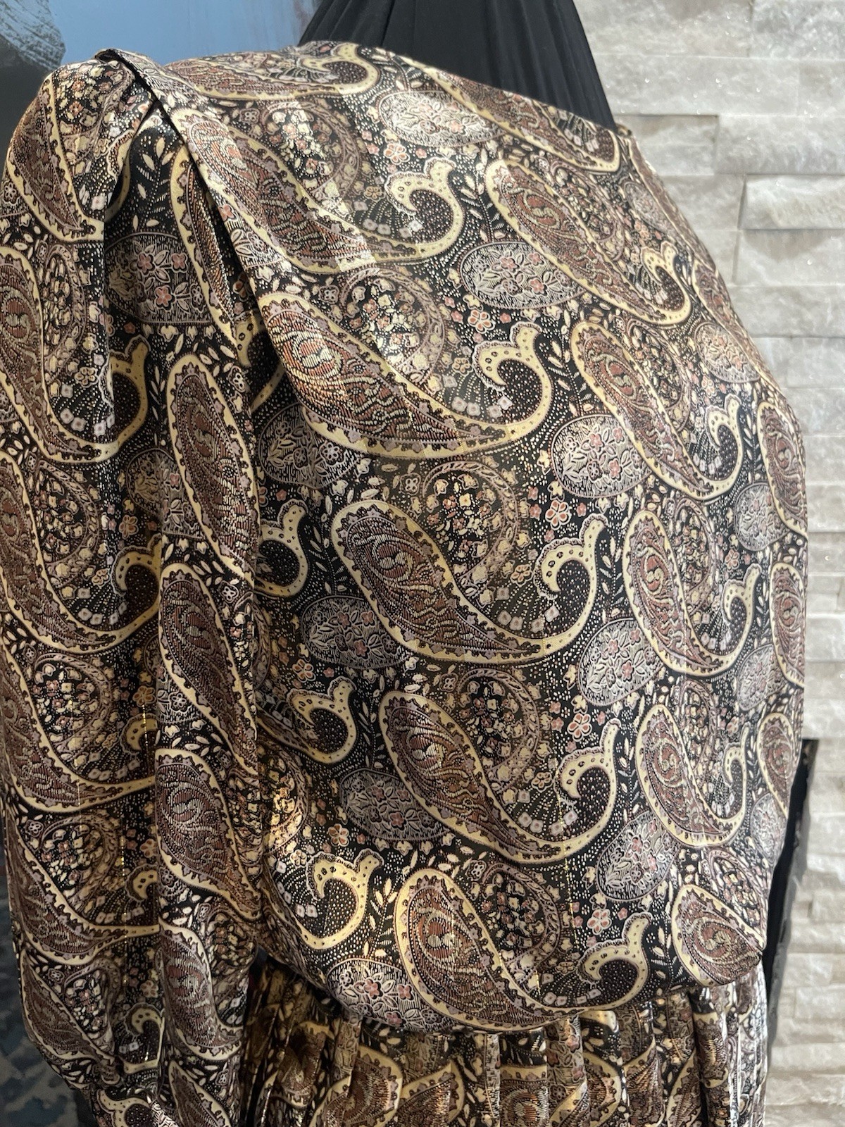 VTG Damon Brown Paisley Pleated Dress Preppy Satin Size 10 Midi 1980s Career