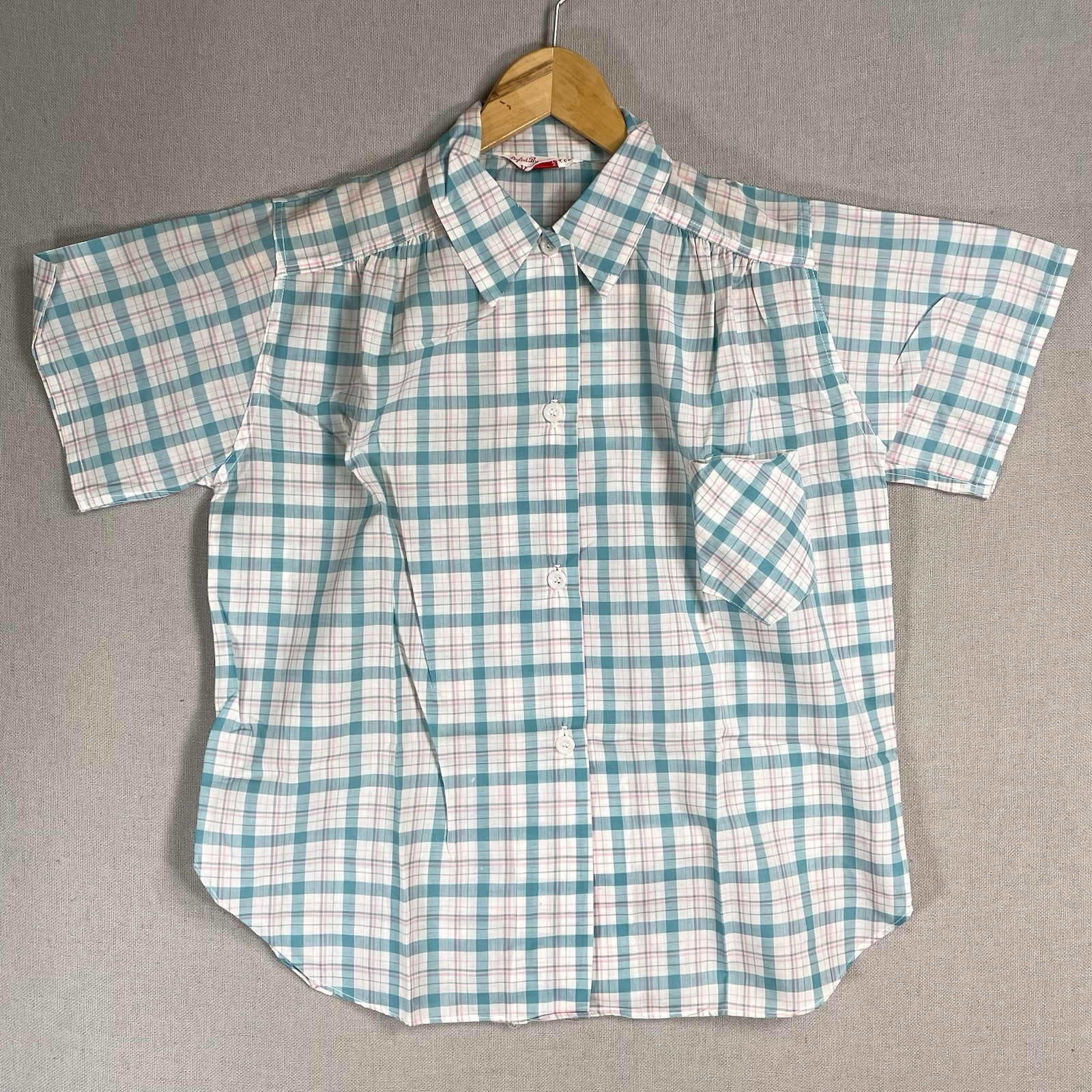 VINTAGE 60s Lewis Frimel Pajama Shirt Plaid Womens Size 32 Cotton Short Sleeve