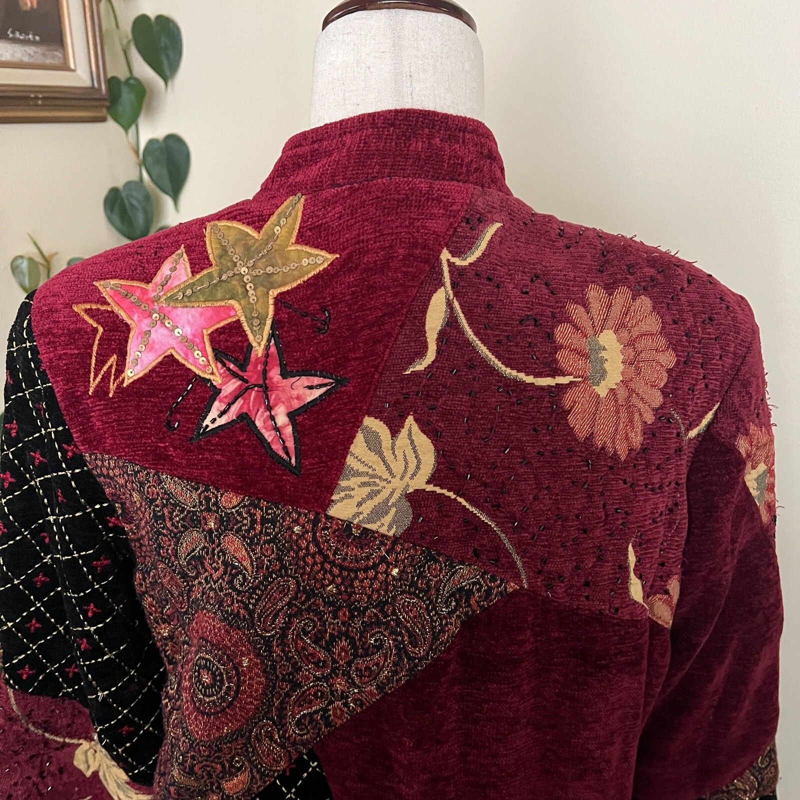 Alex Kim Vintage Burgundy Embroidered Patchwork Jacket sz Petite M