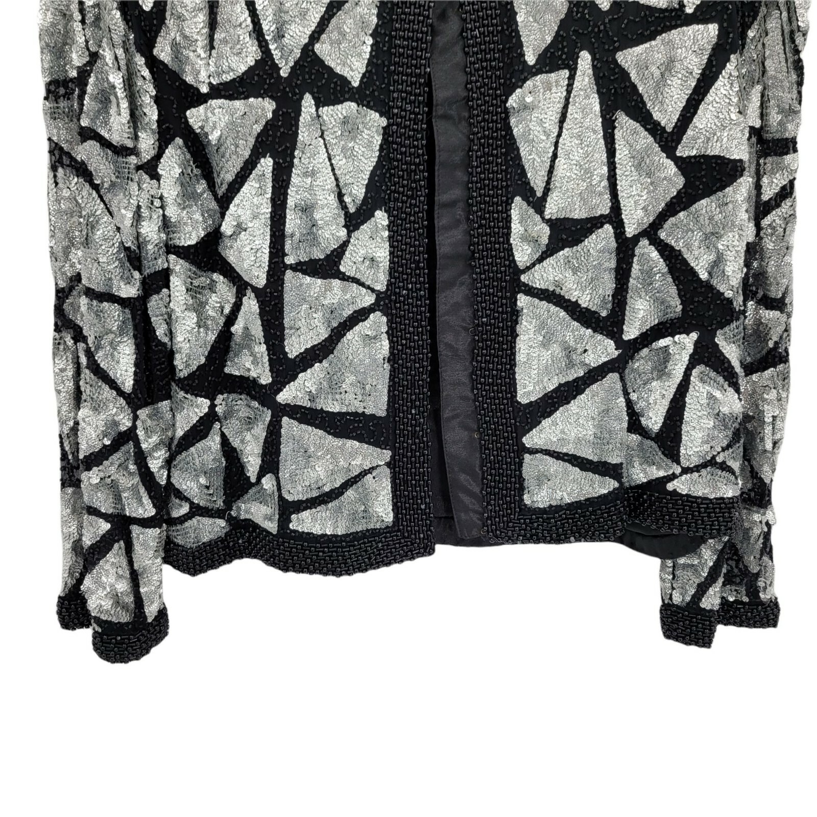 Vintage 80’s Sweelo Blazer M Silk Geometric Black Silver Metallic Sequin Beaded