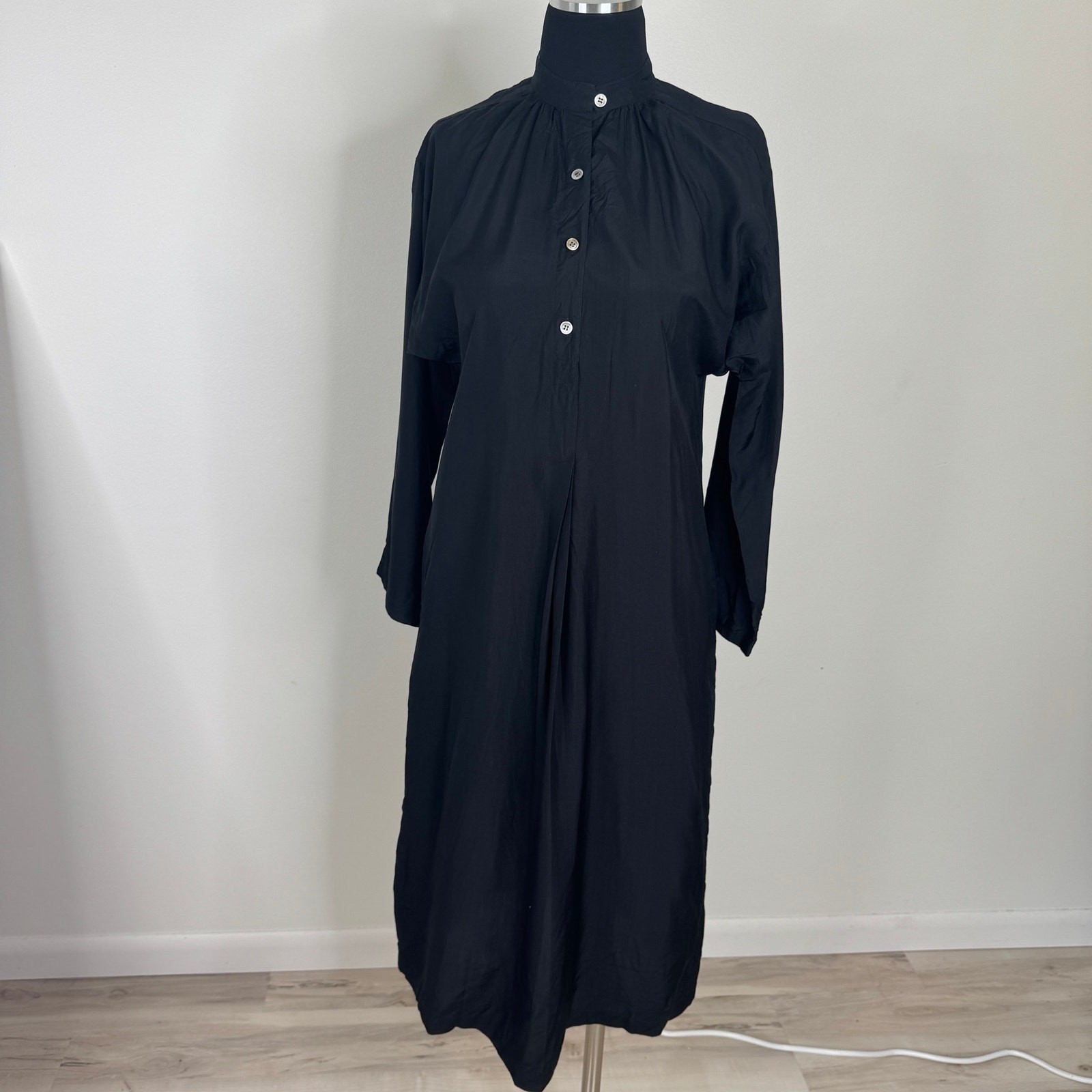 Vtg 80s Cathy Hardwick Black Silk Batwing Dress Dolman Sleeve Minimalist Pockets