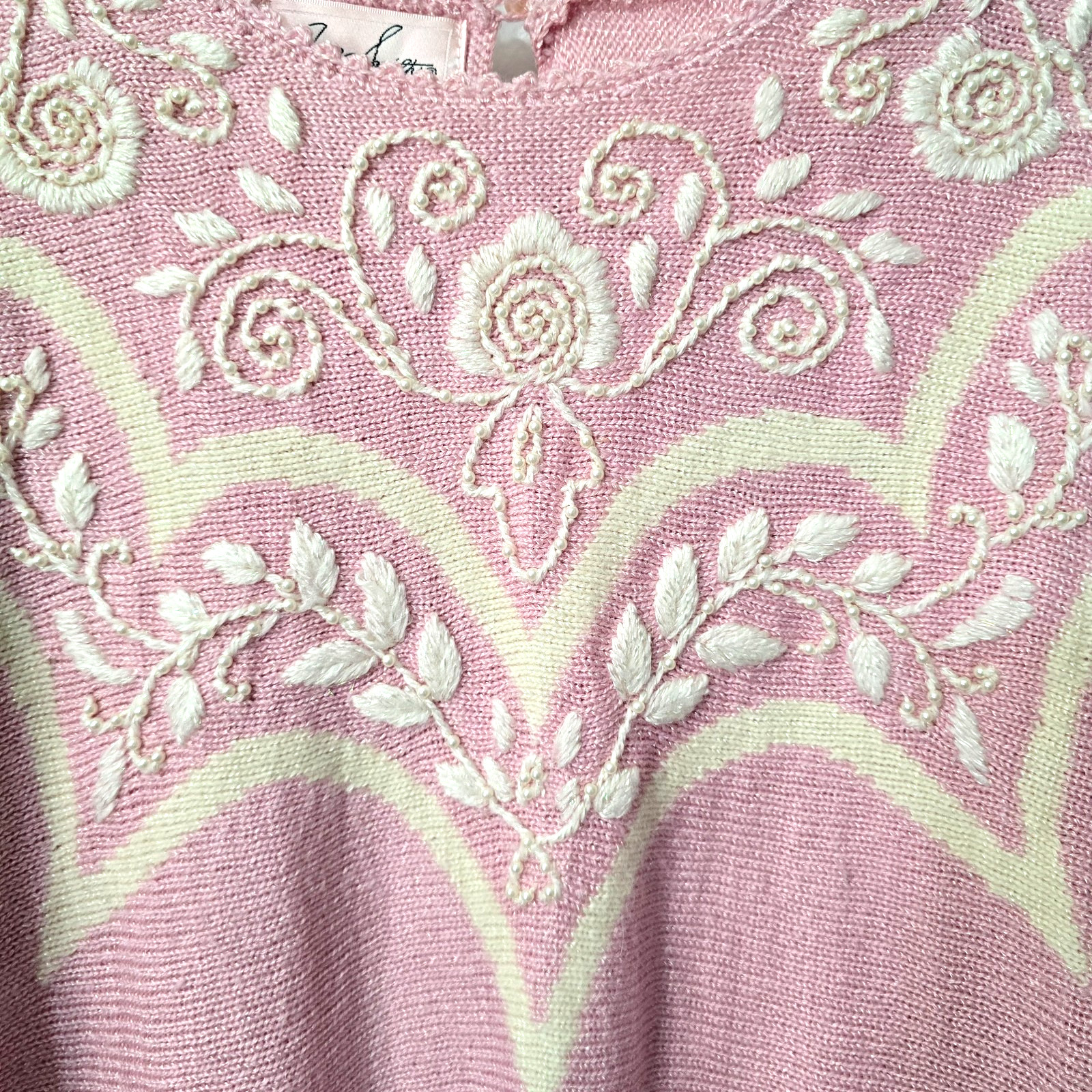 Vintage Embroidered Feminine Sweater Top M Beaded Girly Kawaii Pink Ivory 90s
