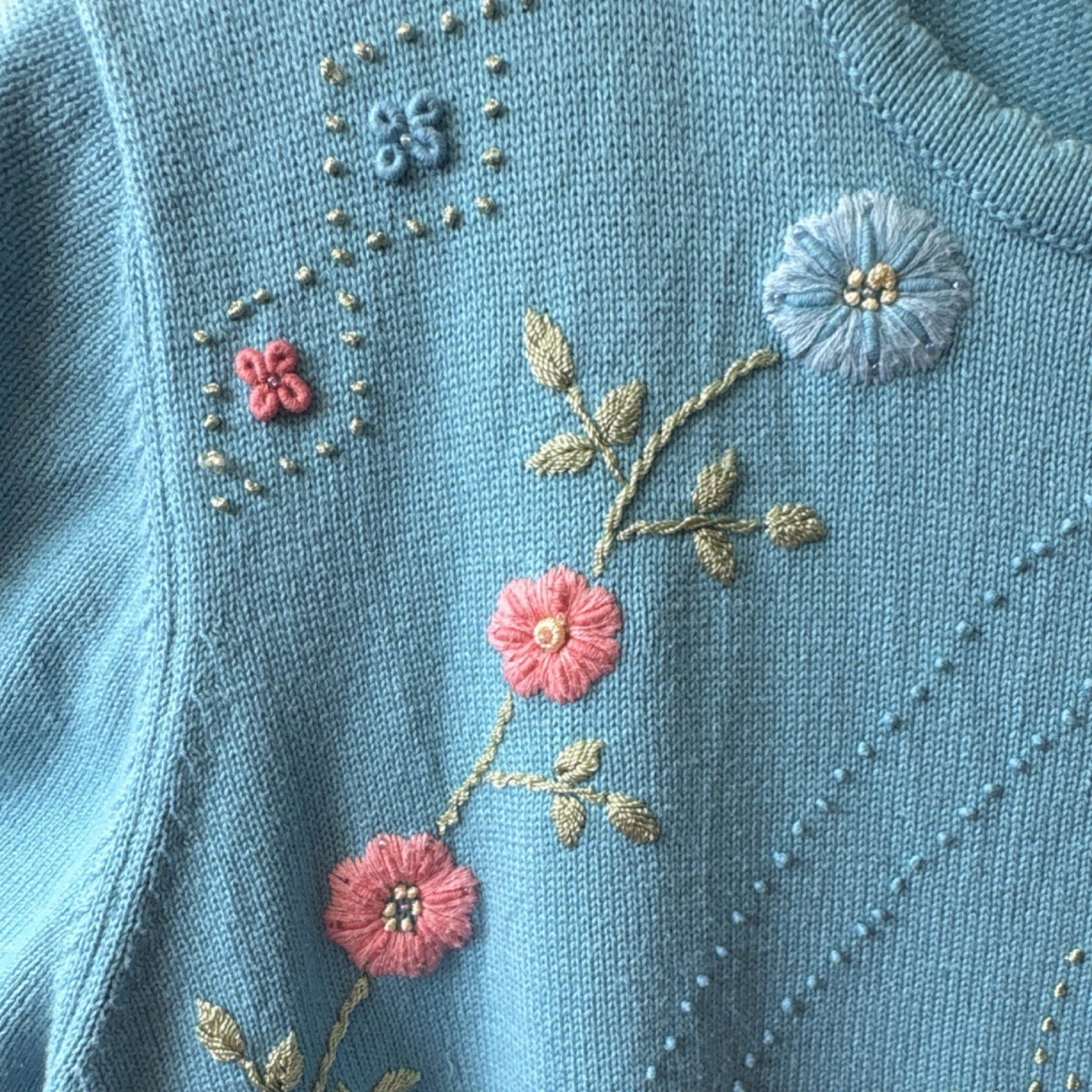 Alfred Dunner Floral Embroidered Knit Top Blue Pink Green Acrylic Cotton Size L