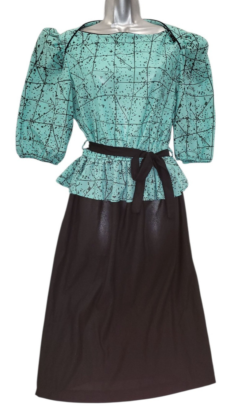 Vtg 80s KR of NY Awesome MINT GREEN BLACK GEO Print Top Black Skirt BOW Dress 16