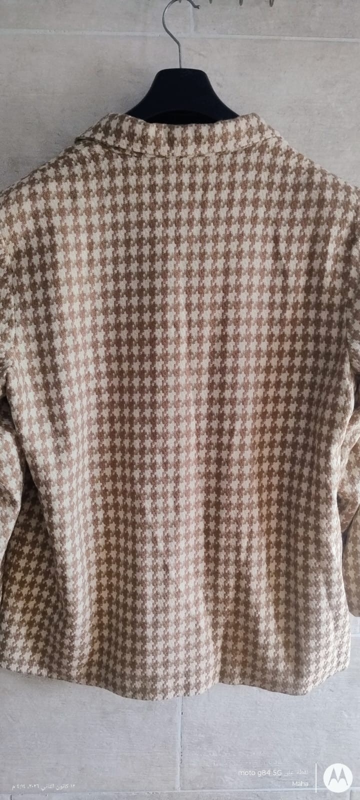 Vintage Tan Jay Women’s Brown and Beige Houndstooth Tweed Blazer size UK 18