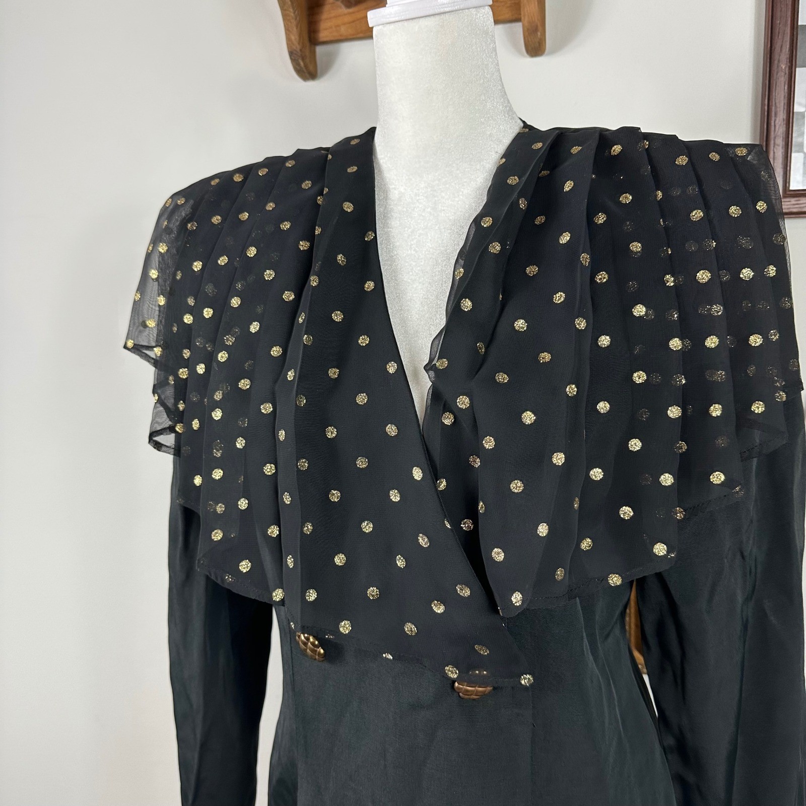 Vintage Scarlett Black Blazer Dress with Sheer Black and Gold Polka Dot Overlay