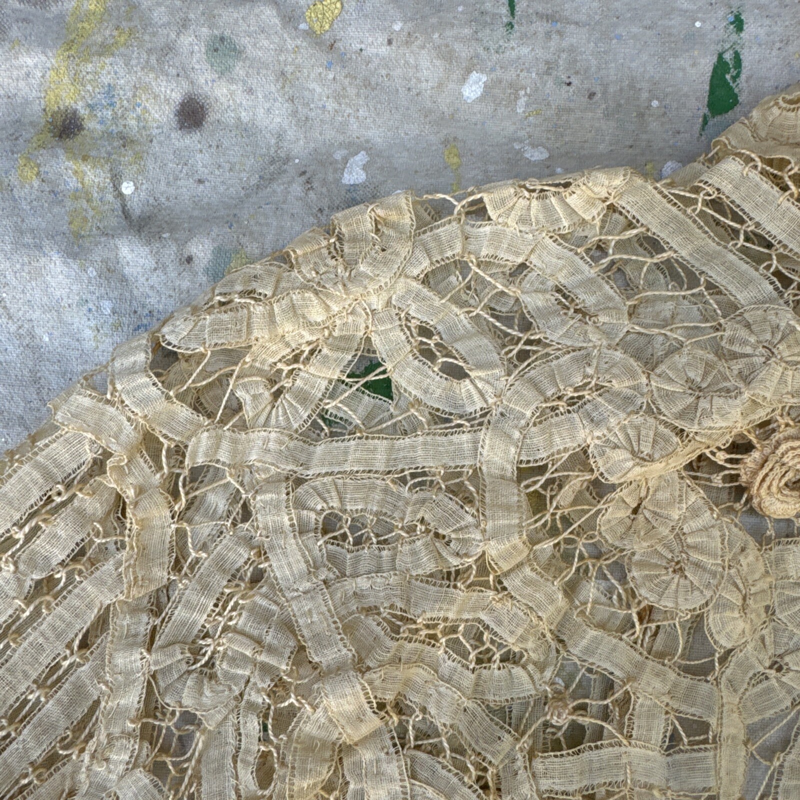 Antique Edwardian Ecru Handmade Tape Lace Leaves Dress Blouse Top Bodice Vintage