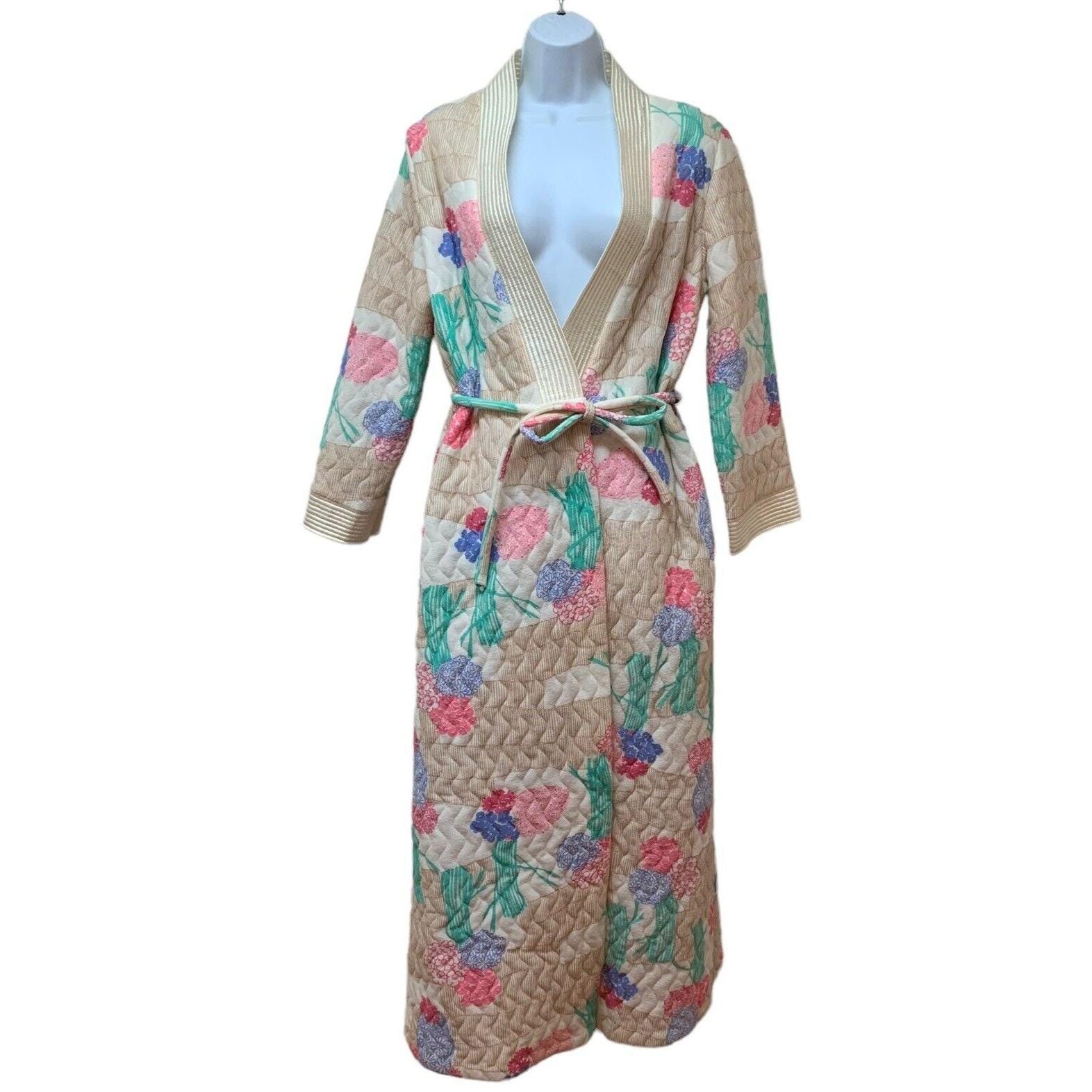 Vintage Robe Floral Quilted Acetate Nylon House Coat Granny Cottagcore Made USA
