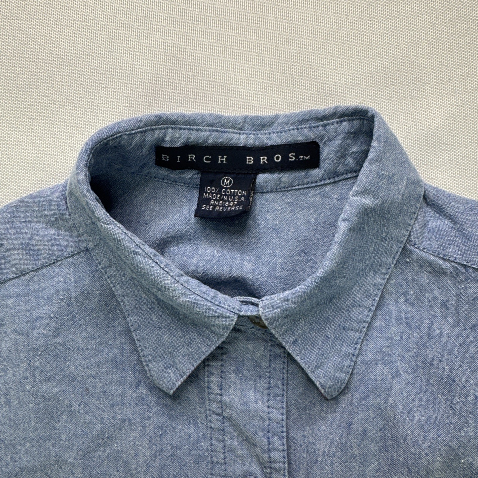 Vintage 90s Birch Bros Chambray Shirt Medium Made in USA Plaid Contrast Petite