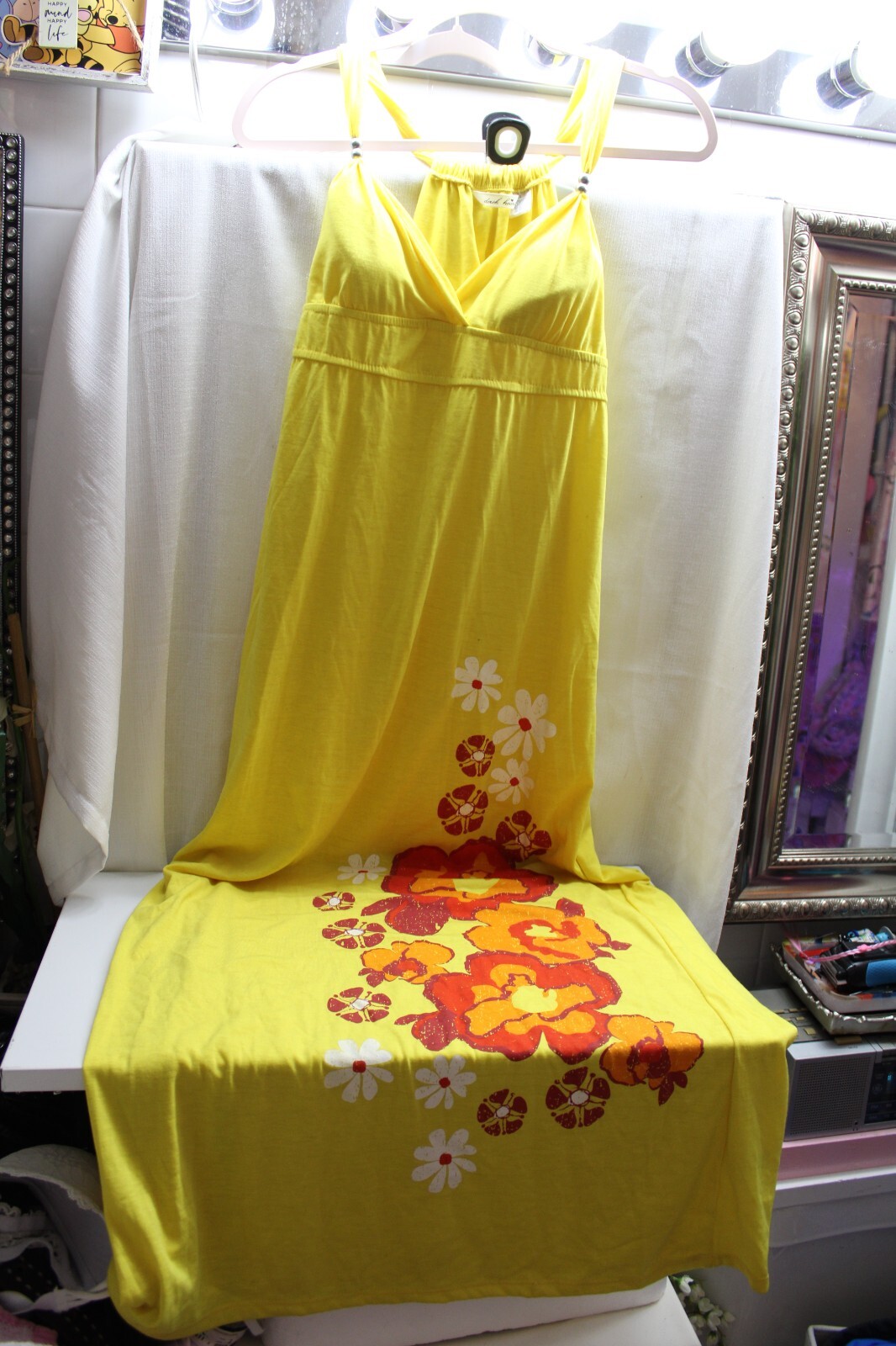 Vintage dress Derek Heart Sleeveless,Long, Halter boho summer yellow Floral S