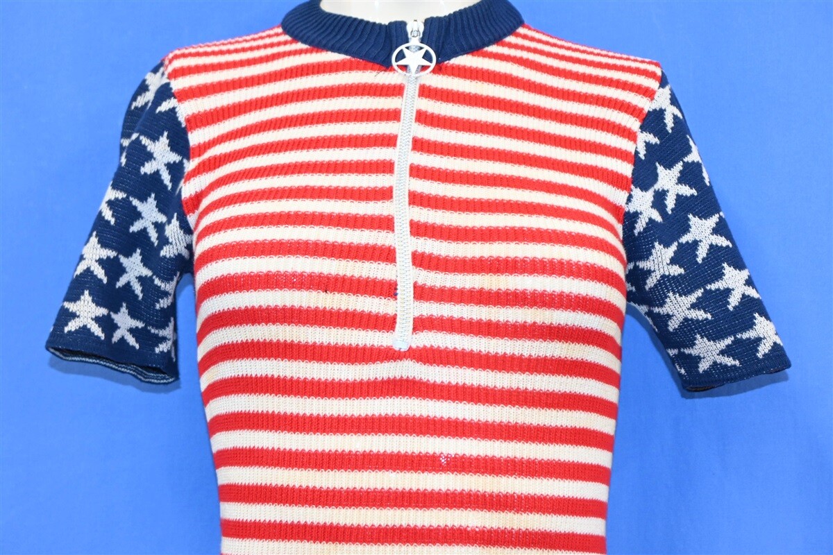 vtg 70s RED WHITE BLUE STARS & STRIPES USA FLAG KNIT ZIP-UP WOMEN’S SHIRT XS