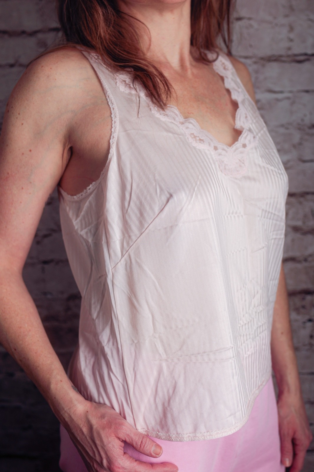 Fancy Me Vintage Retro Pinup Glam Satin Cami Sleep Pink Striped Lace 1X XL