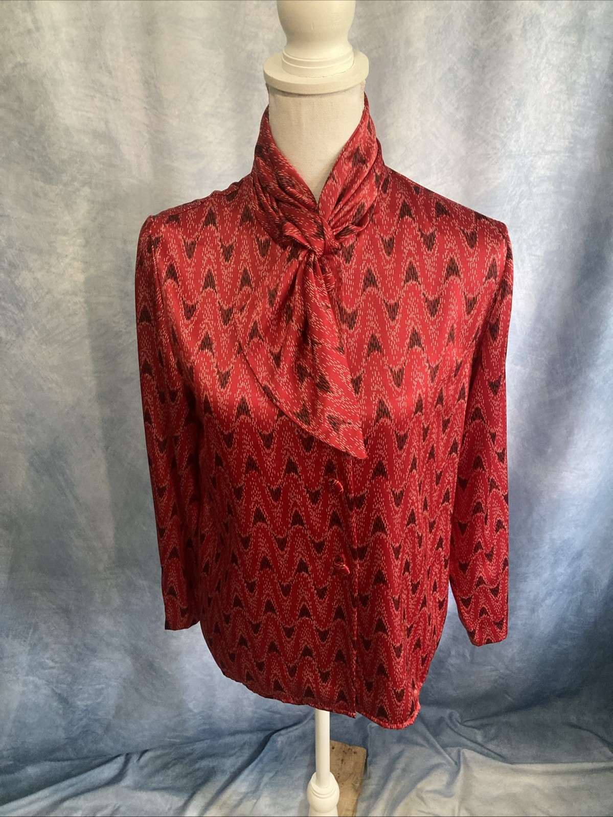 VTG 70s Weathervane Secretary Blouse Asymmetric Button Red Ikat Chevron Tie Neck