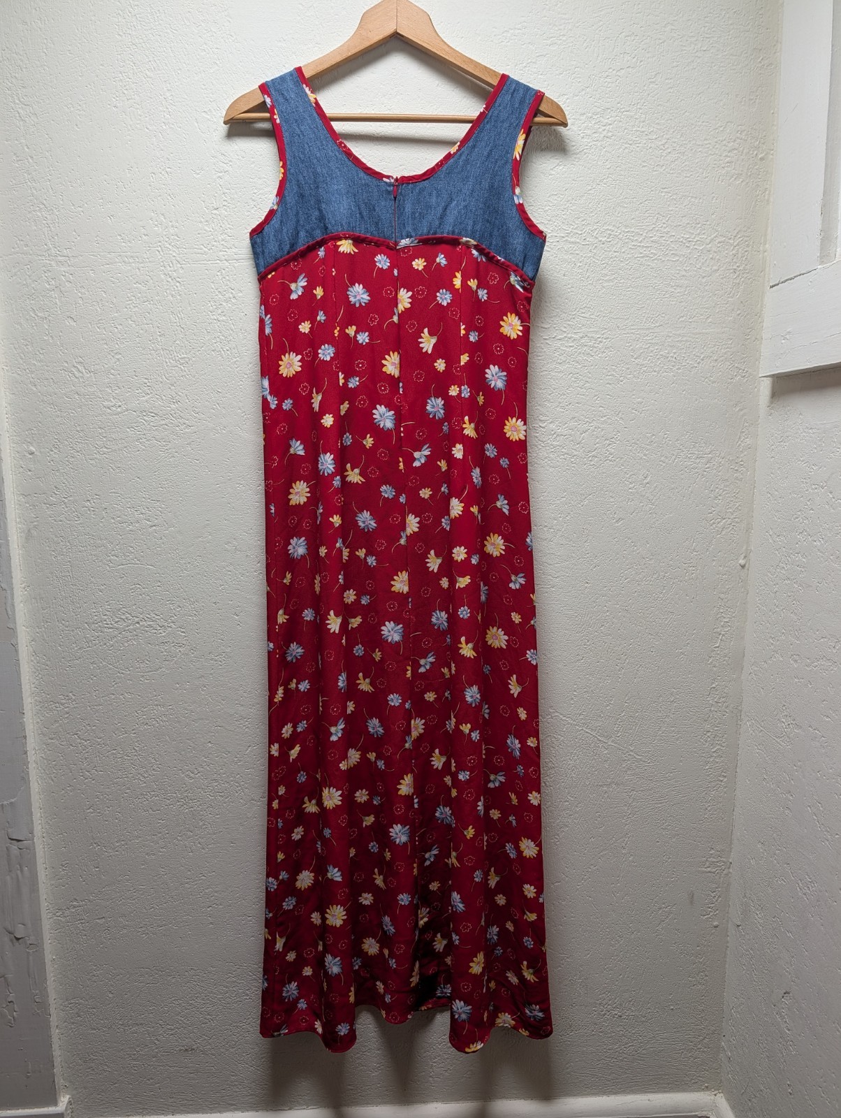 Women’s Vintage 90s Mixed Media Maxi Dress Red Floral Denim Sz 8 Grunge Western