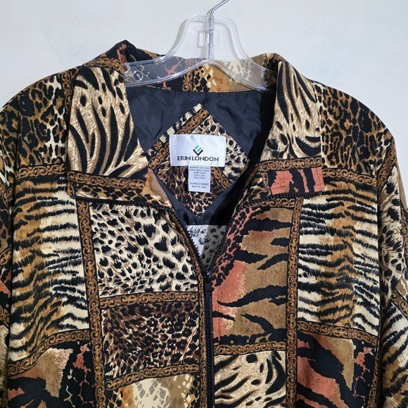 Erin London Vtg 100% silk patchwork animal print zipper front jacket Woman sz XL