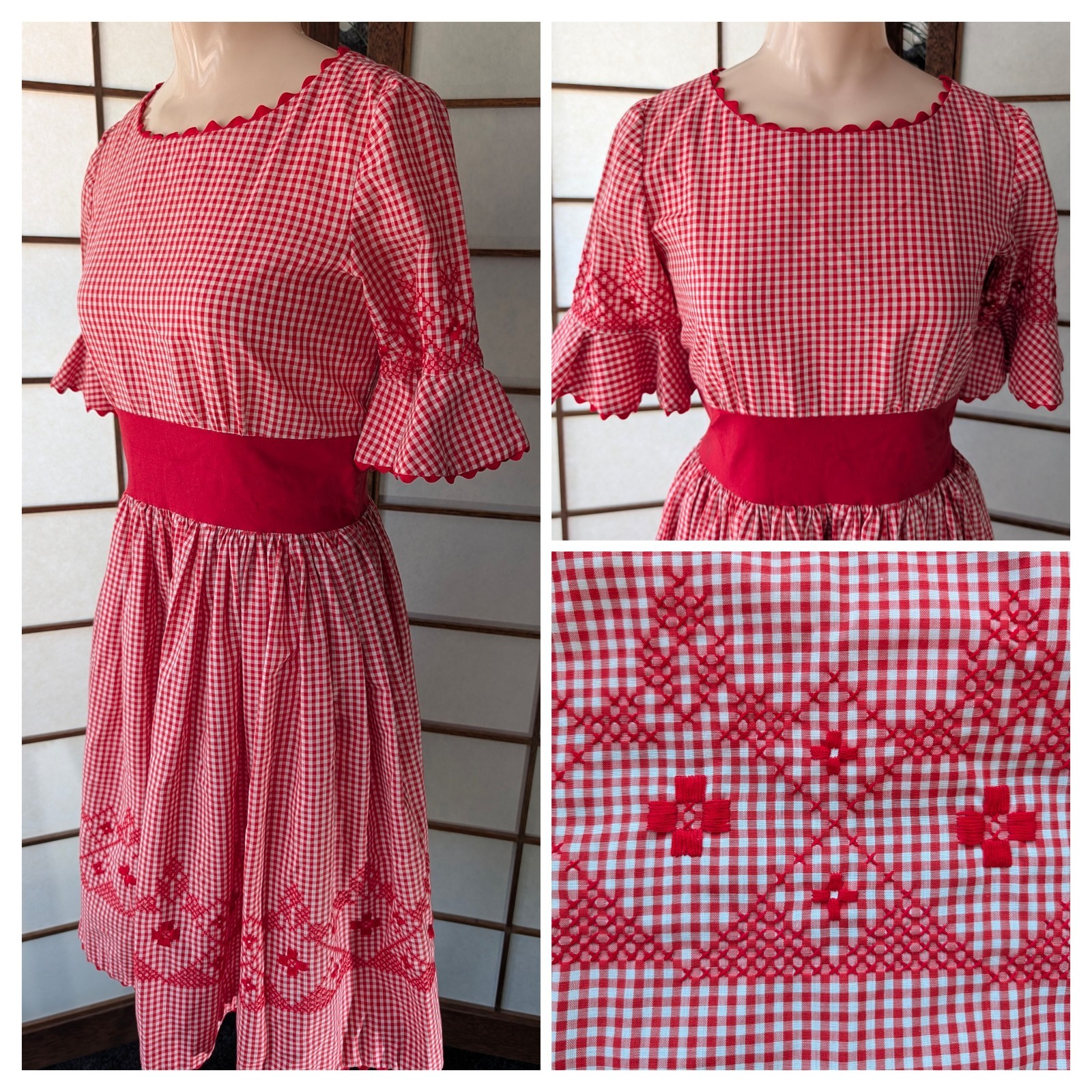 Vtg Square Dance Fit n Flare Dress Gingham Rick Rack Chicken Scratch Embroidery