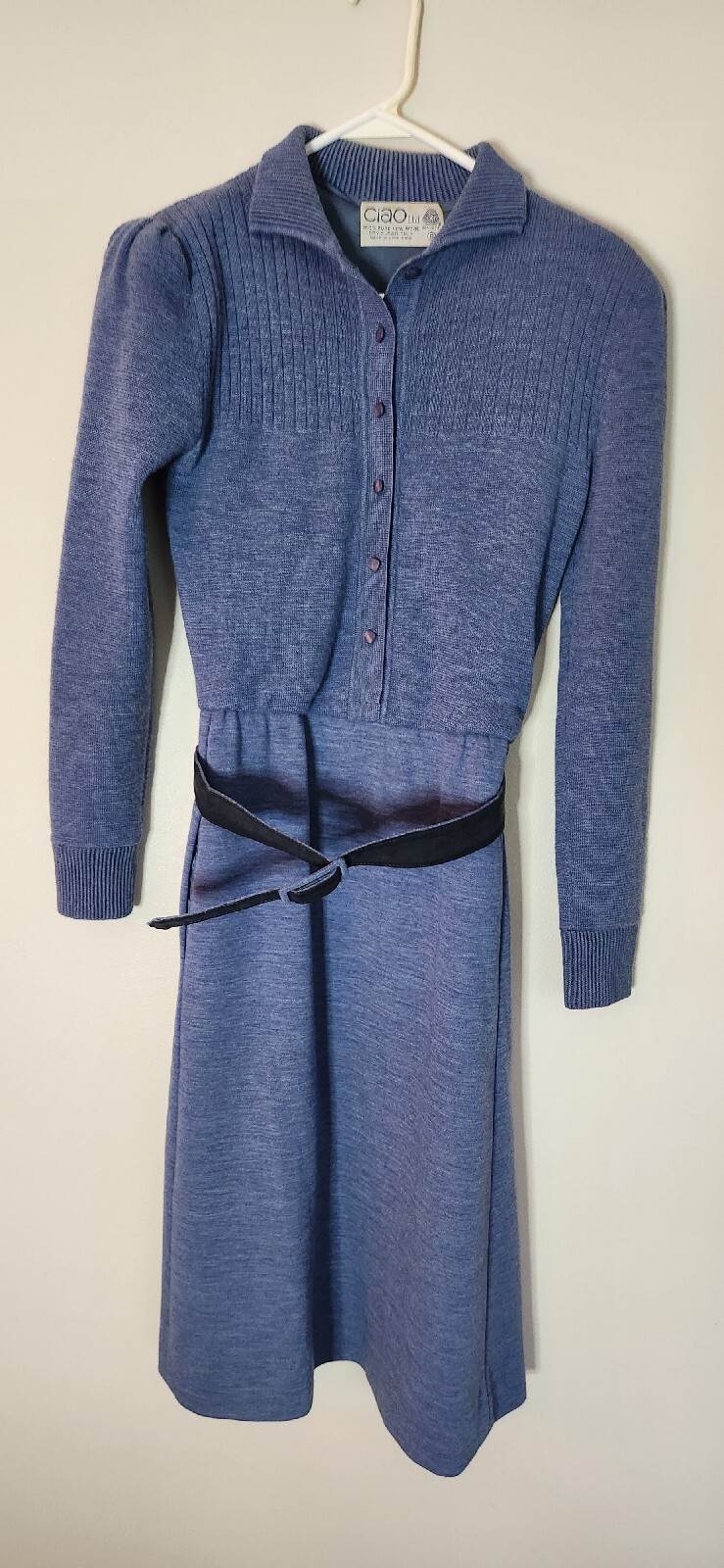 Vintage 1970s Ciao Ltd. 100% New Wool & Lined Country Blue Dress & Belt Size 8
