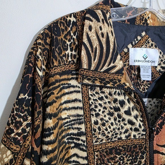 Erin London Vtg 100% silk patchwork animal print zipper front jacket Woman sz XL