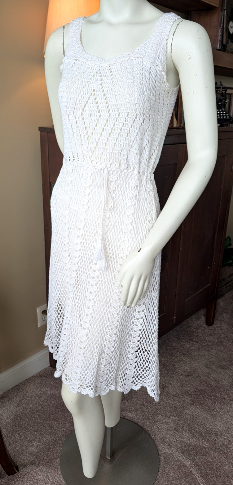 Vintage 1970’s Knit Crochet Cotton Dress white Brand- Flair cotton Small S