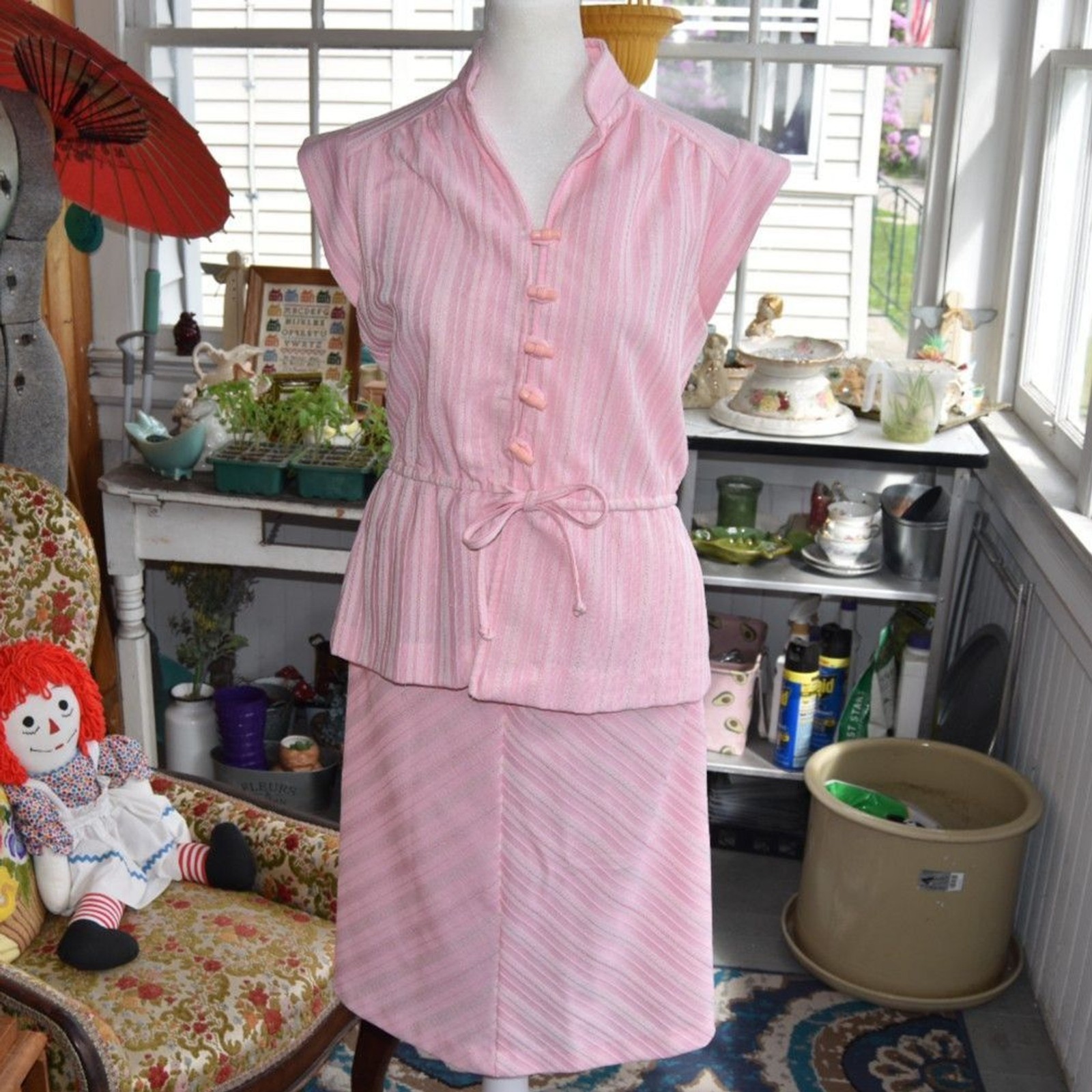 Vintage 60s Pink Stripe 2pc Skirt Set Cotton Summer Drawstring Medium