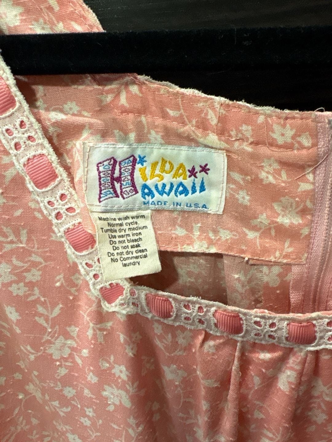 Vintage Hilda Hawaii Pink Floral Muumuu Maxi Dress with Lace Trim and Ruffled He