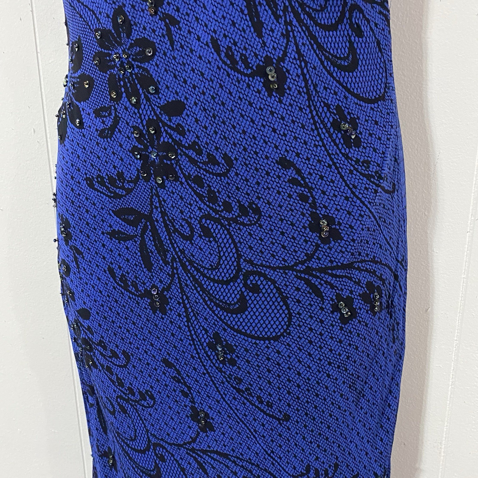 NEW vtg PARADISE NY Black Blue M Floral Bias Beaded Maxi Dress Whimsigoth Fairy