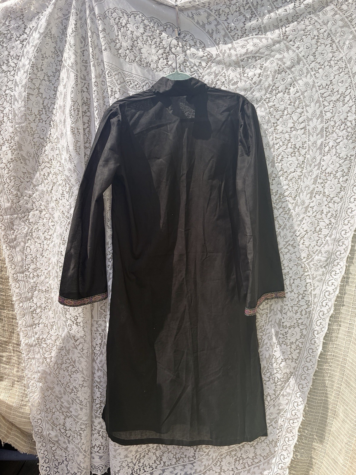 Vintage 70s Black Cotton Maxi Robe Jacket Boho Asian Style Trim Womens M