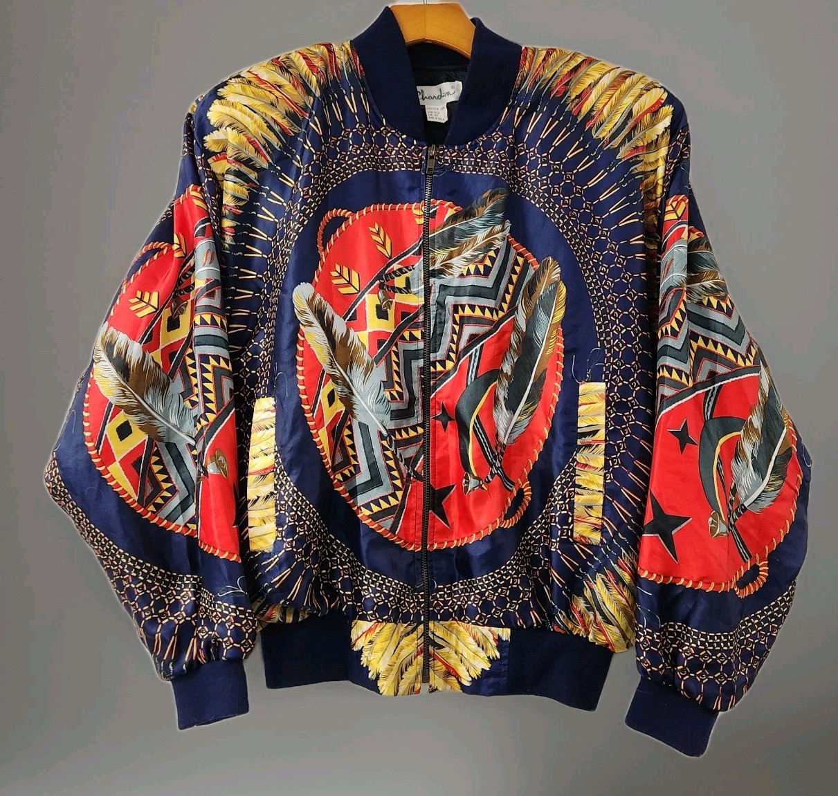 Vintage 80s Chardin Satin Finish Bomber Jacket XL Oversized Geometric Korea