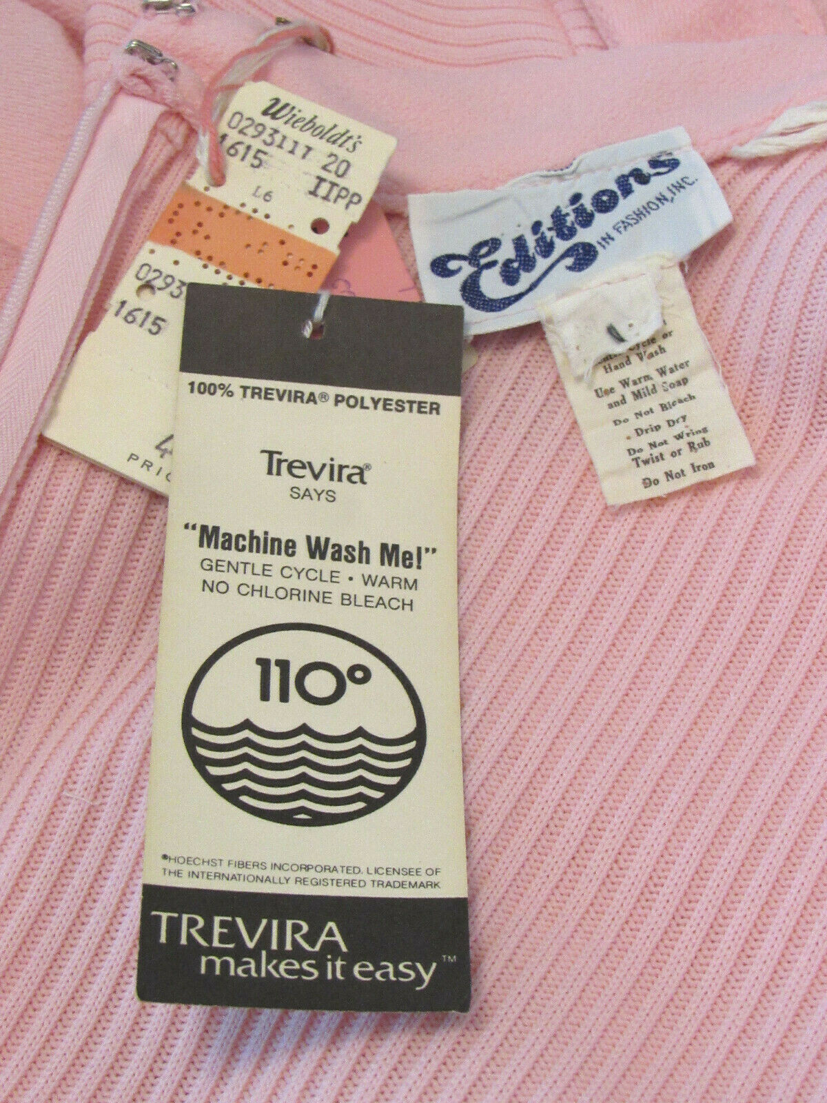 VTG 1960s 70s EDITIONS IN FASHION PINK POLYESTER DRESS RIBBED BODICE LONG SLEEVE