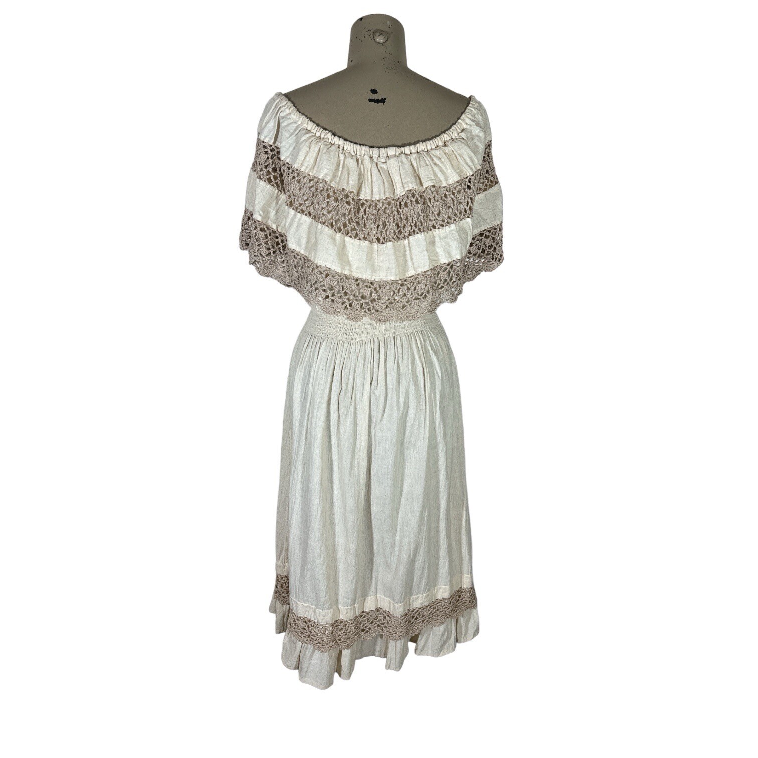Vintage Monica Richards Boho Mexican Off Shoulder Linen Dress Cottage Ethnic
