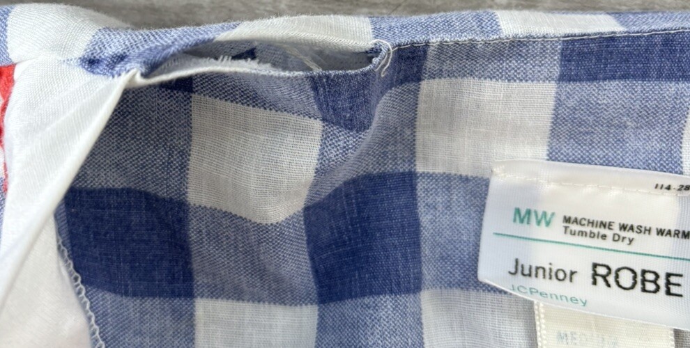 Vintage JCPenney Blue Check Cotton Robe Womens Size M Belted Pockets Americana