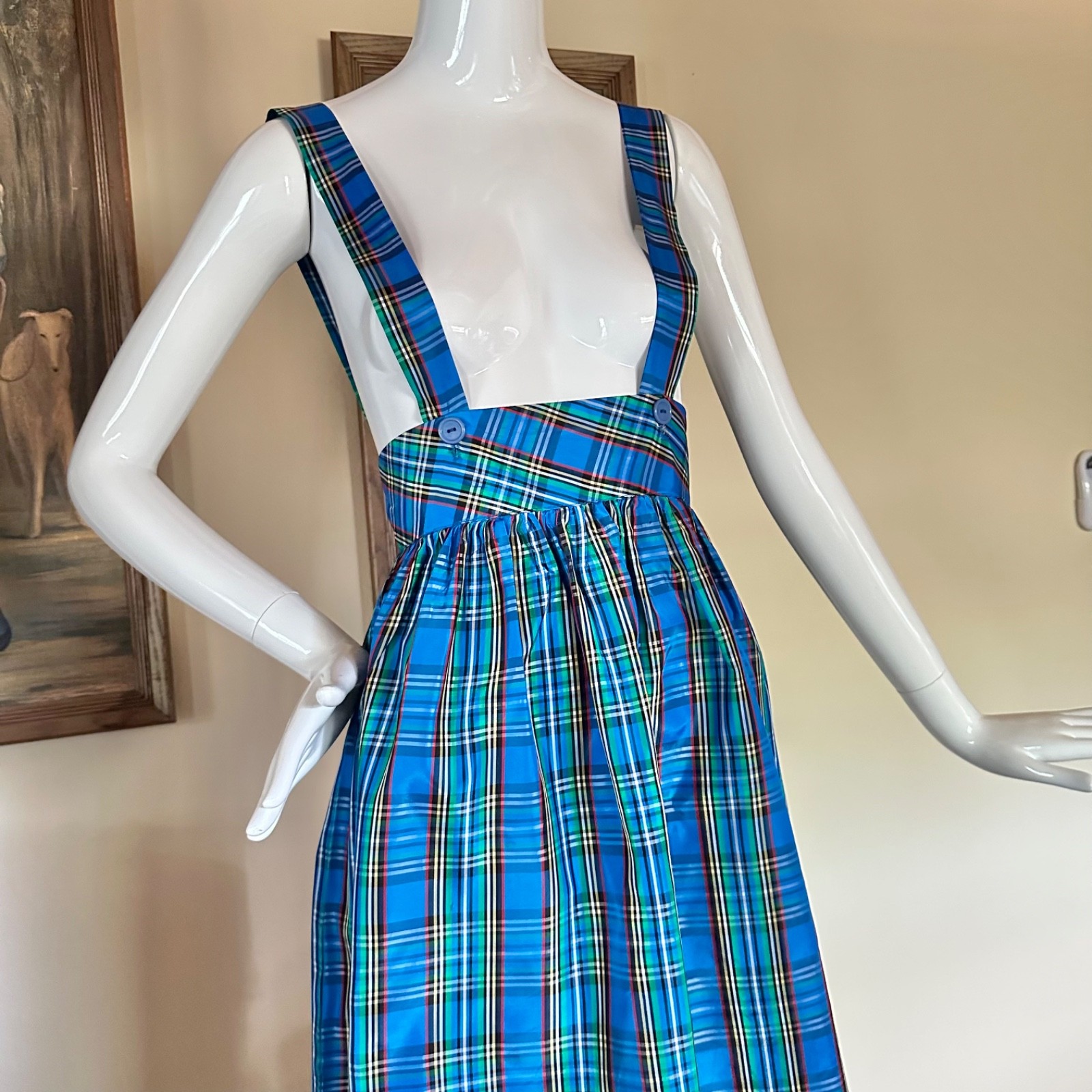 Vintage 1980s Preppy Punk School Uniform Plaid Suspender Jumper Skirt Dress S