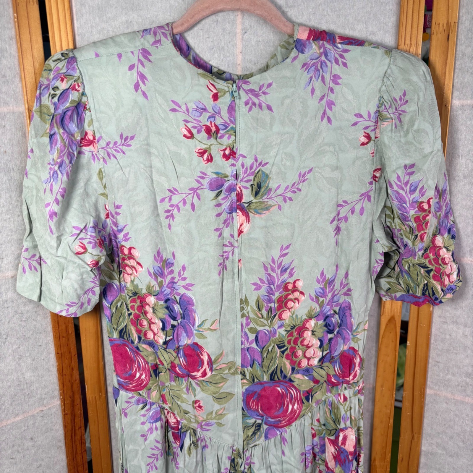 Jane Schaffhausen Belle France VTG Floral Rayon Dress Sage Green 6 Peony Garden