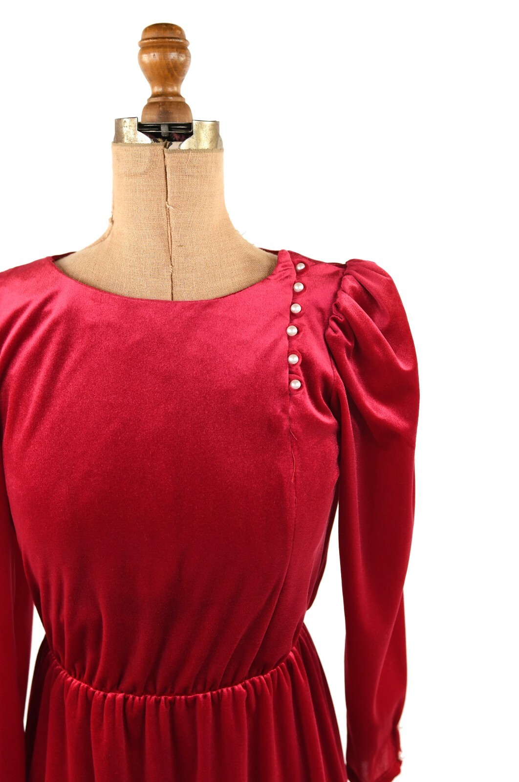 Vintage 70s Dark Pink Velvet Puff Shoulder Long Sleeve Pearl Button Dress S M