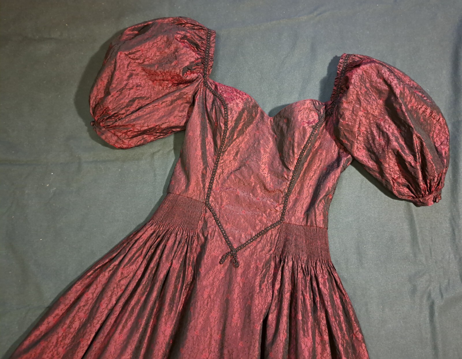 Vtg Edwardian Revival Gothic Burgundy Dress S C-D Bust Silk Blend Puff Sleeves
